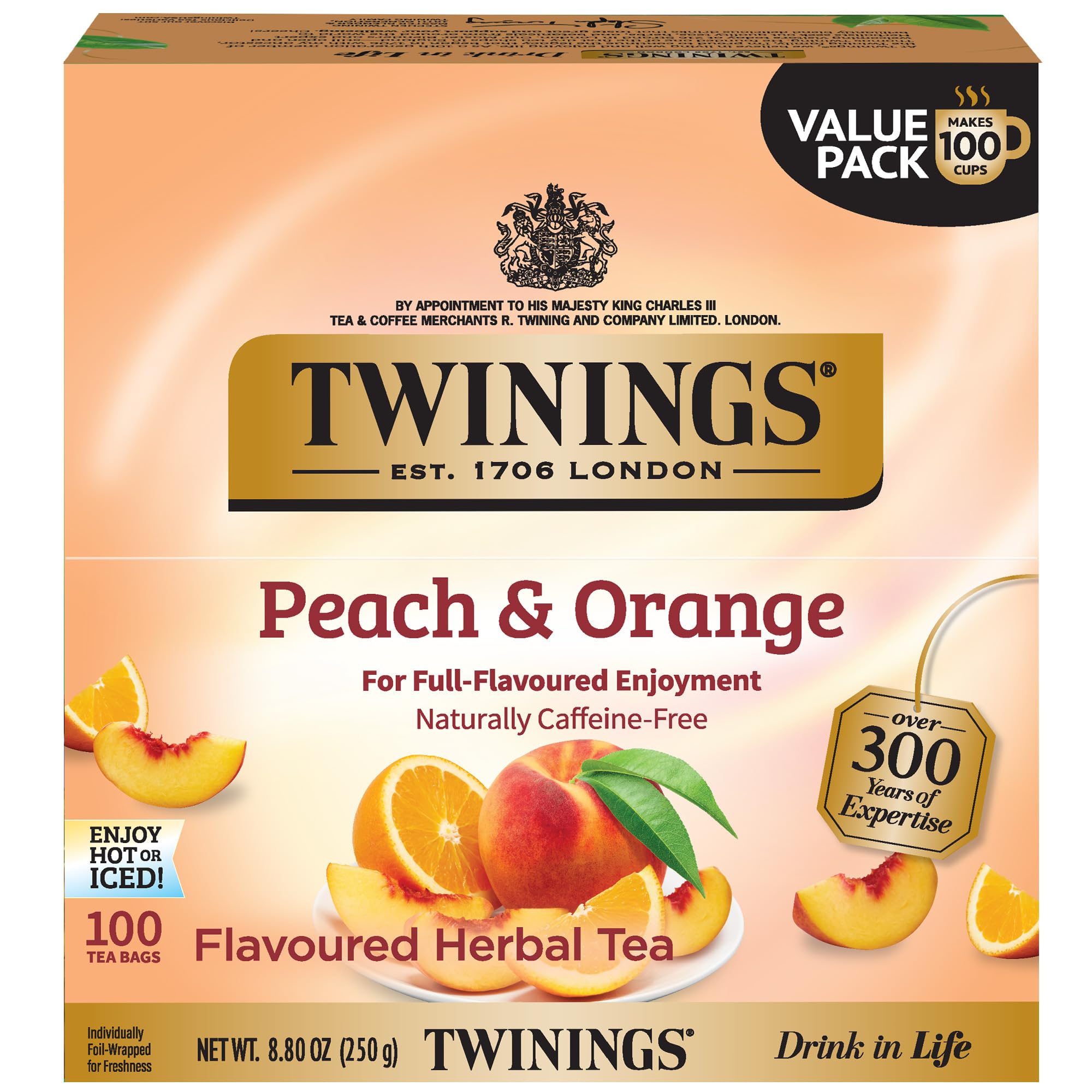 Twinings Peach & Orange Herbal Tea Individually Wrapped Bags, 100 Count (Pack of 1), Juicy & Fruity, Naturally Caffeine-Free, Enjoy Hot or Iced, 100 Teabags Peach & Orange 100 Count (Pack of 1)