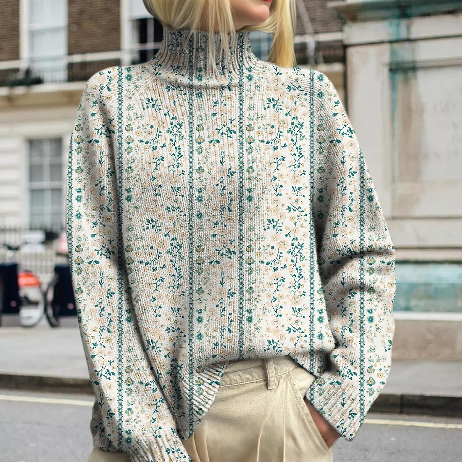 Vintage Graphic Print Sweaters for Women Fashion Long Sleeve Turtleneck Floral Cable Knit Crop Pullover Sweater Tops