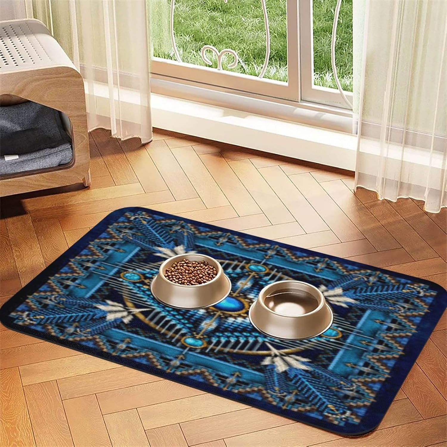 Native American Art Medicine Wheel Pet Feeding Mat-Absorbent Quick Dry Pet Cat Dog Food Mat Non Slip Waterproof Rubber Dish Placemat