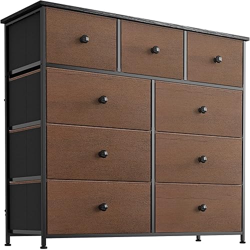 REAHOME 9 Drawer Dresser for Bedroom Faux Leather Chest of Drawers Closets Large Capacity Organizer Tower Steel Frame Wooden Top Living Room Entryway Office (Espresso)