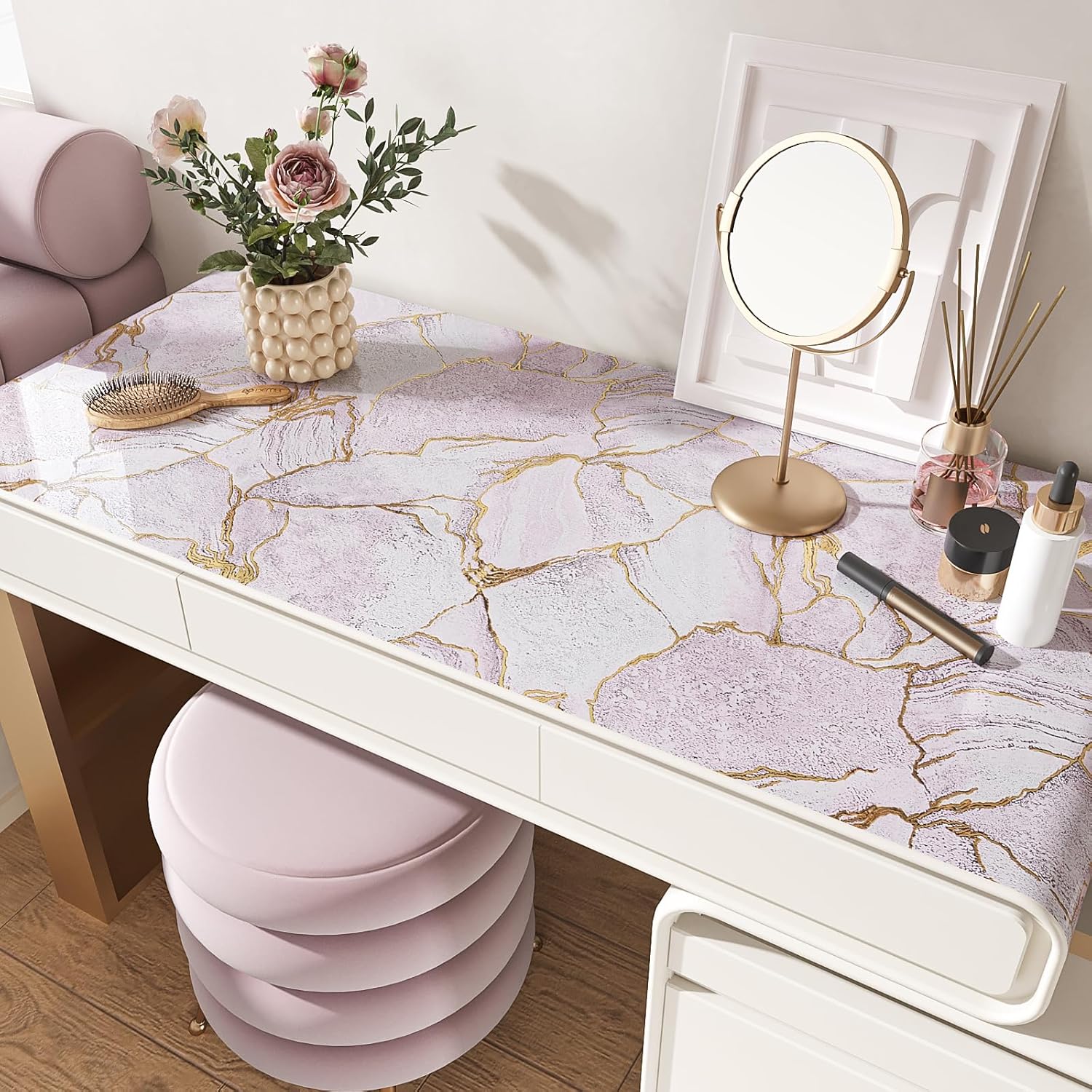 VEELIKE Gold Pink Marble Contact Paper for Countertops Waterproof Peel and Stick Countertops for Kitchen Bathroom 15.7''x118'' Self Adhesive Vinyl Countertop Contact Paper Marble Wallpaper for Counter