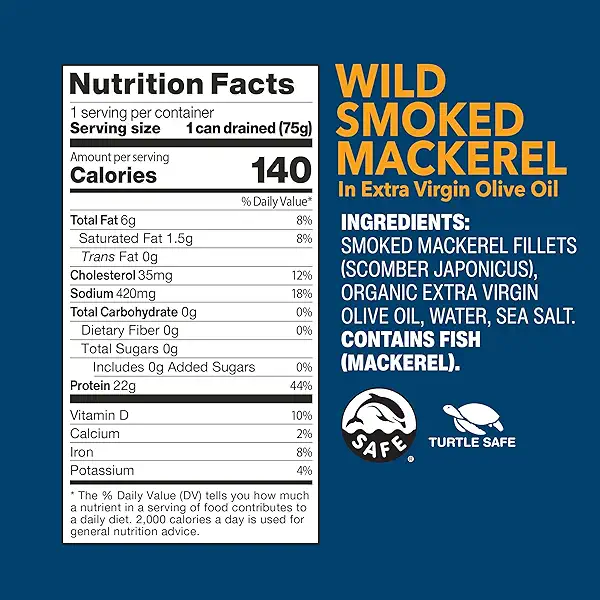 Wild Planet Wild Smoked Mackerel Fillets in Extra Virgin Olive Oil, Tinned Fish, Canned Salmon, Sustainably Caught, Non-GMO, Kosher, Gluten Free, Keto and Paleo, 3.9 oz (Pack of 1) 2