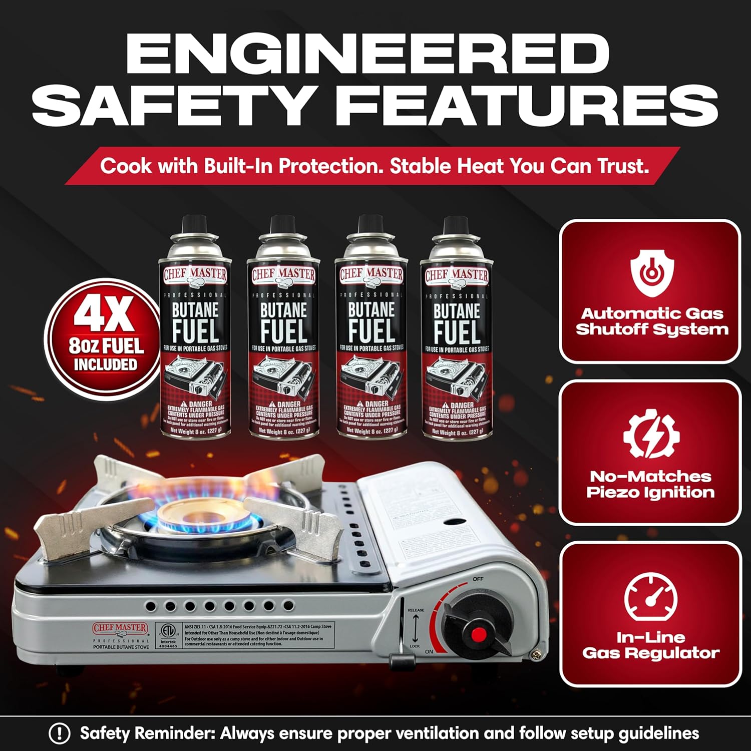 12,000 BTU Portable Butane Camping Stove with 4 x 8oz. Butane Fuel Canister Combo, Double Wind-Guard Portable Stove w/Carry Case for Road Trips, Camping, Tailgating & Emergencies by Chef Master 90235