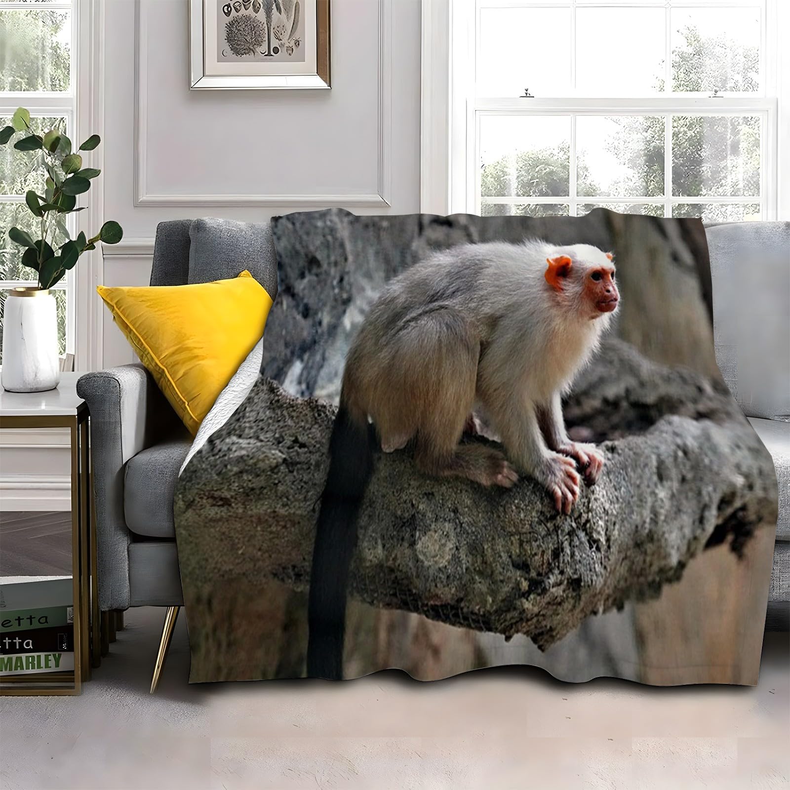 Couverture polaire singe blanc grand plaid chaud 180x200 cm lit et bureau