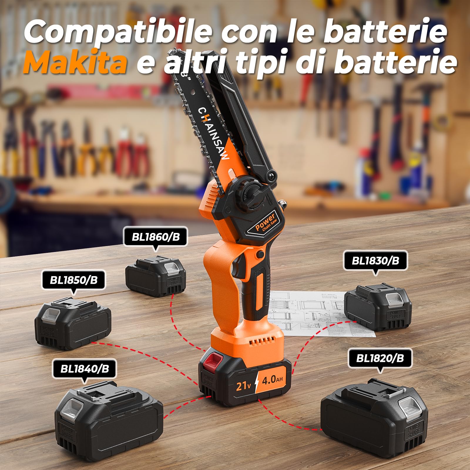 Mini Motosega a Batteria 6 Pollici, Mini Motosega Elettrica con 8000mAh Batterie, 1000W Blushless Sega a Batteria per Potatura, il Taglio Del Legno e Giardini, Elettrosega Compatibile con Makita 18V