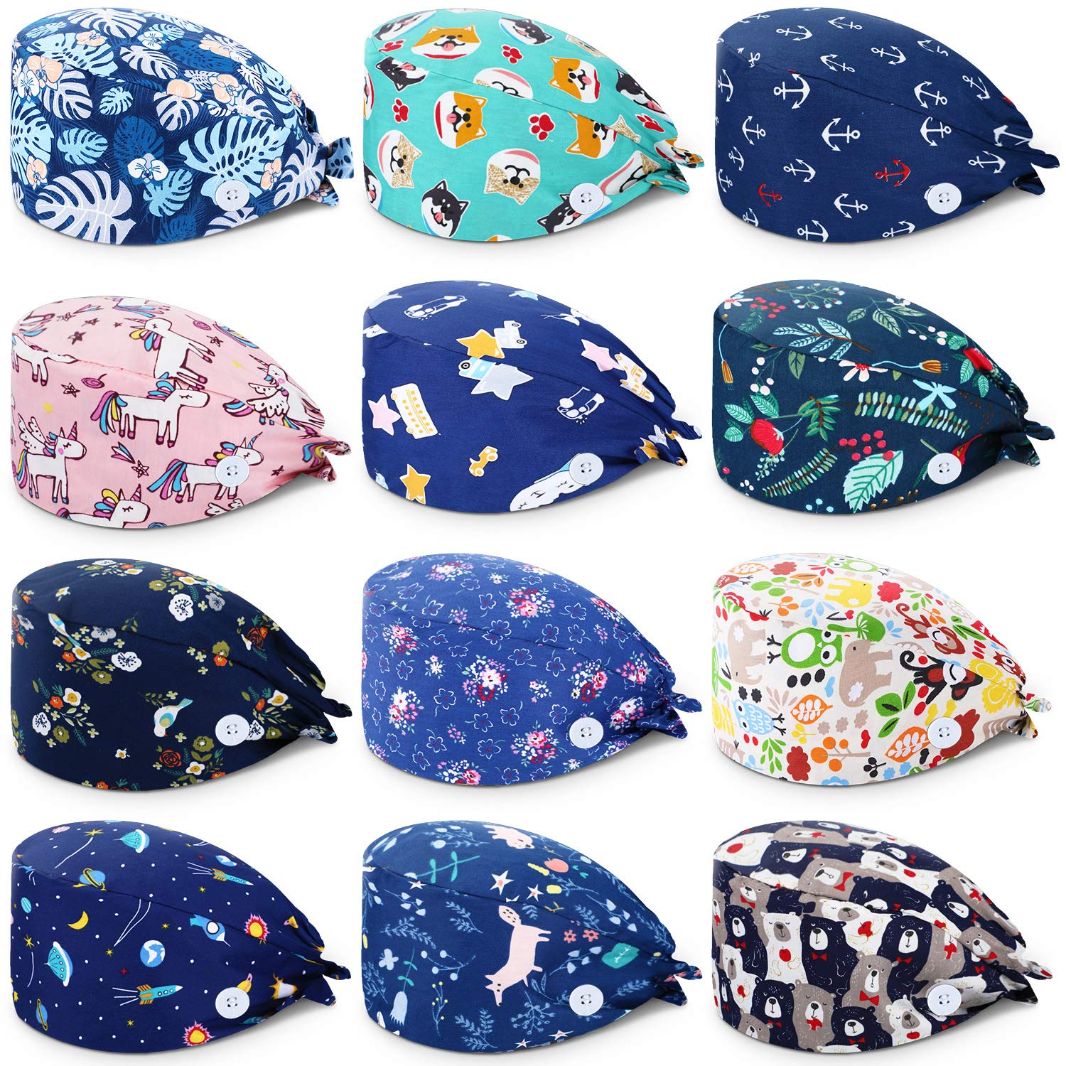 SATINIOR12 Pieces Unisex Bouffant Caps with Buttons Colorful Printed Tie Back Caps with Sweatband for Women Men, Multicoloured, M