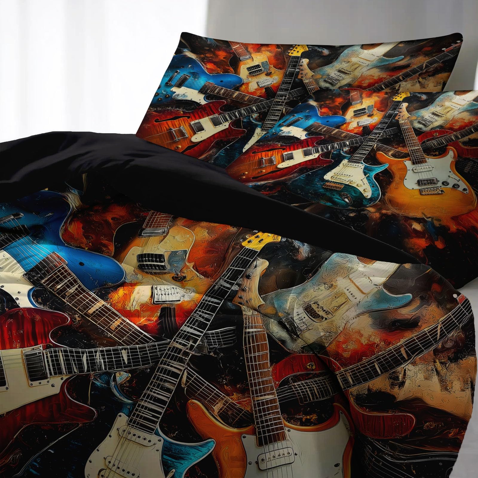 Poszwa na kołdrę 240x260 cm z mikrofibry, zestaw pościeli muzycznej z gitarą elektryczną z 2 poszewkami na poduszki w kolorze czarnym z nadrukiem dwustronnej poszwy na kołdrę na 4 pory roku