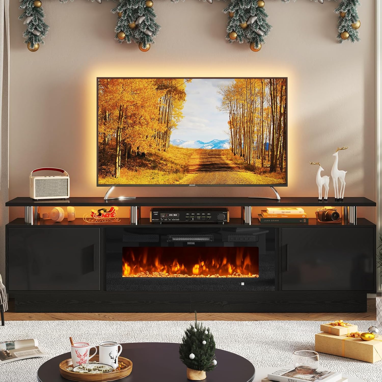 oneinmil 80" Modern Electric Fireplace TV Stand for TVs Up to 90 inch, with Electronic Flame and LED Lights, Luxury High Gloss Finish Entertainment Center, TV Console Cabinet for Living Room, Black