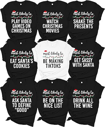 Most Likely to Christmas Shirts for Family Matching Christmas Pajamas Funny Christmas Tshirts for Party Group Friends Holiday Family Christmas Shirts Xmas PJ Tops Multicolor