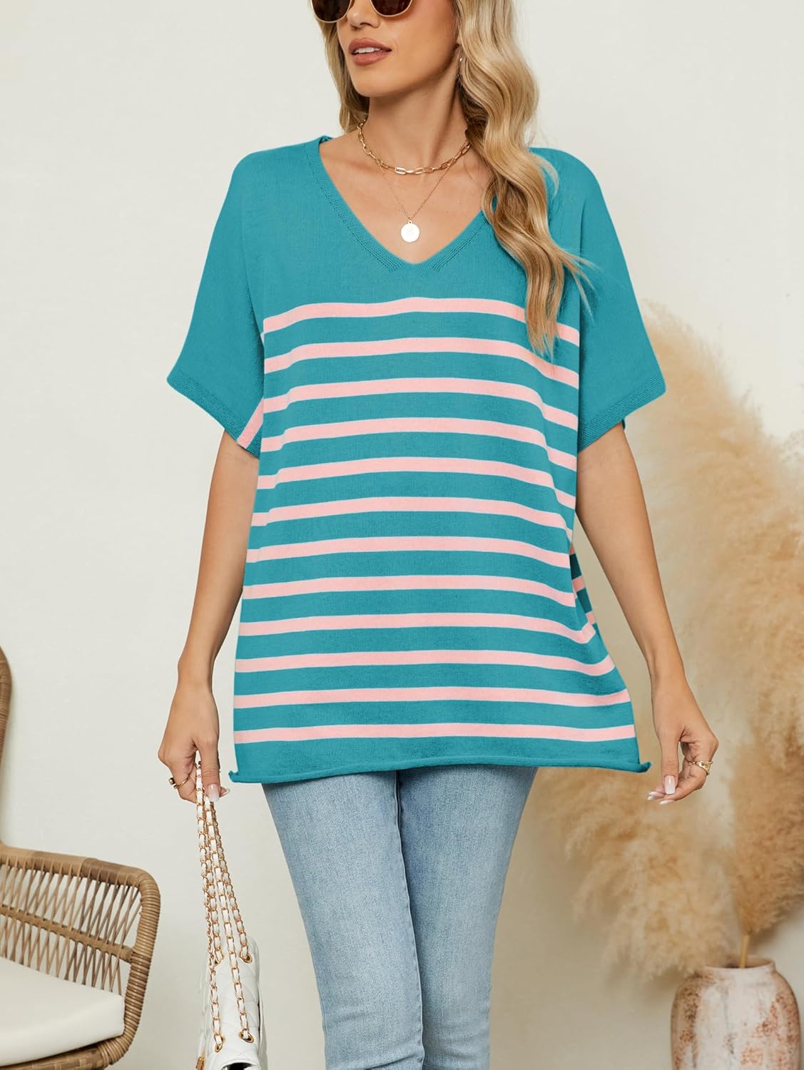 iChunhua Oversized T Shirts for Women Striped V-Neck Short Sleeve Casual Tee Summer Knit Sweater Tops - Image 4
