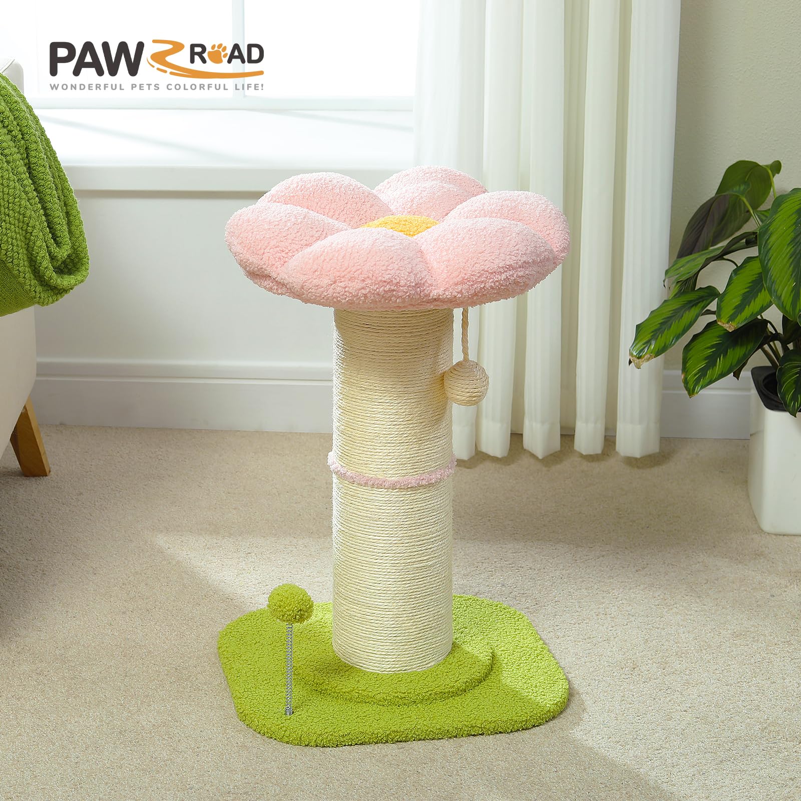 PAWZ Road Kattenkrabpaal, hoge kattenkrabpaal voor binnenkatten met superdikke krabpaal [Dia=14 cm], afneembaar pluizig bed, krabpaal met veerbal, beige
