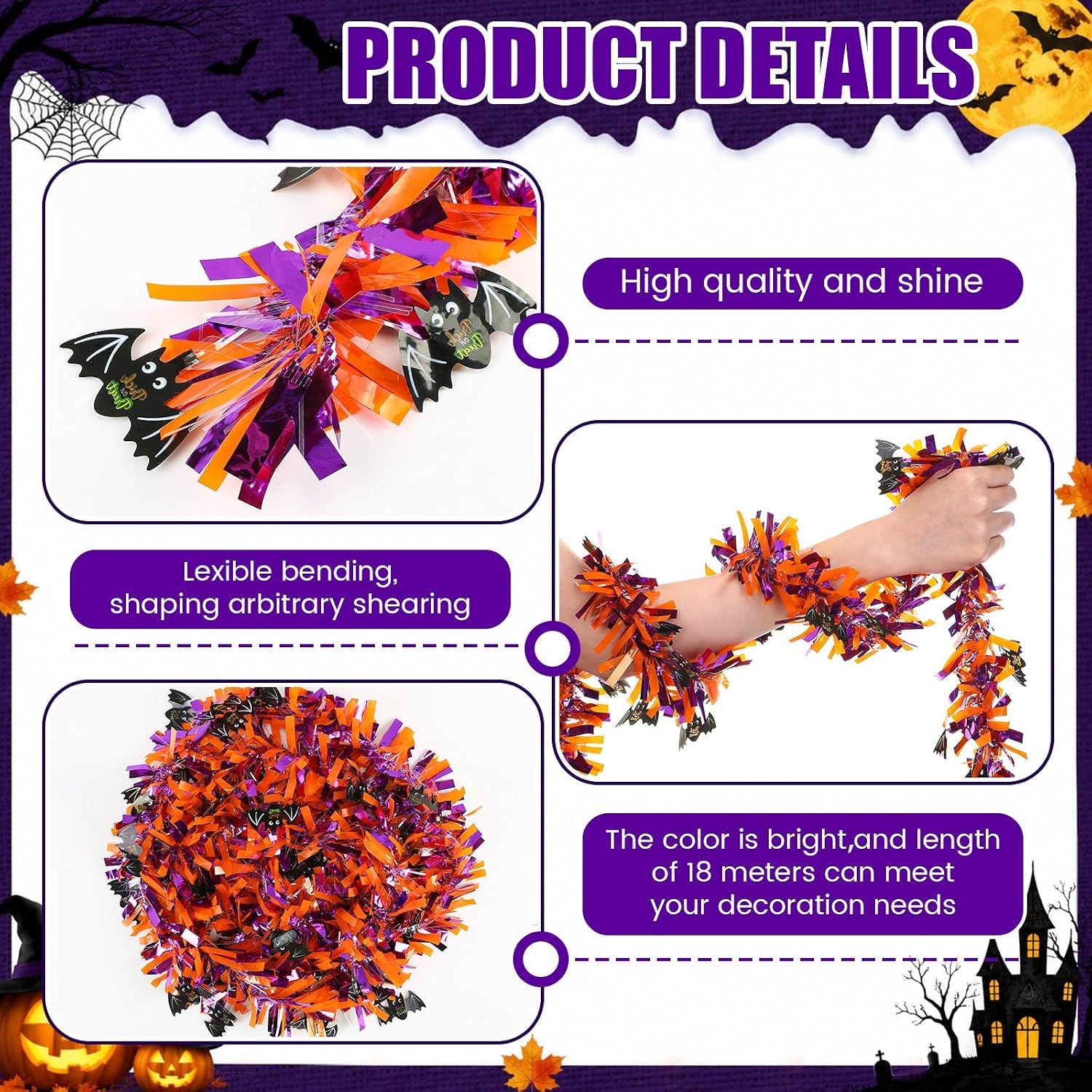 Jexine 8 Pcs 52.5ft Halloween Tinsel Garland Metallic Orange Black Purple