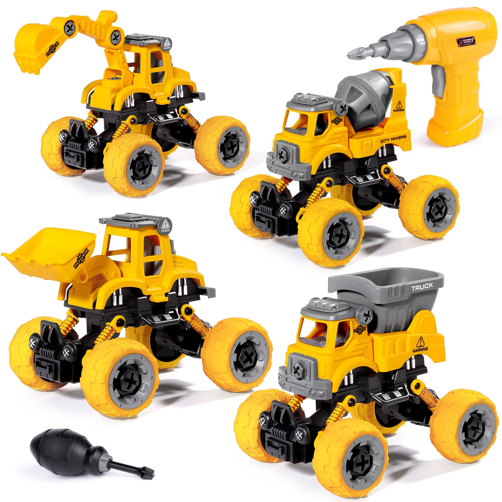 LUDILO 4PCS Take Apart Toys for 4 Year Old Boys Construction Toys with Electric Drill DIY Assembly Building Stem Toys Trucks Gifts for 3 4 5 6 7 8 Year Old Boys Girls Kids Learning Educational Toys