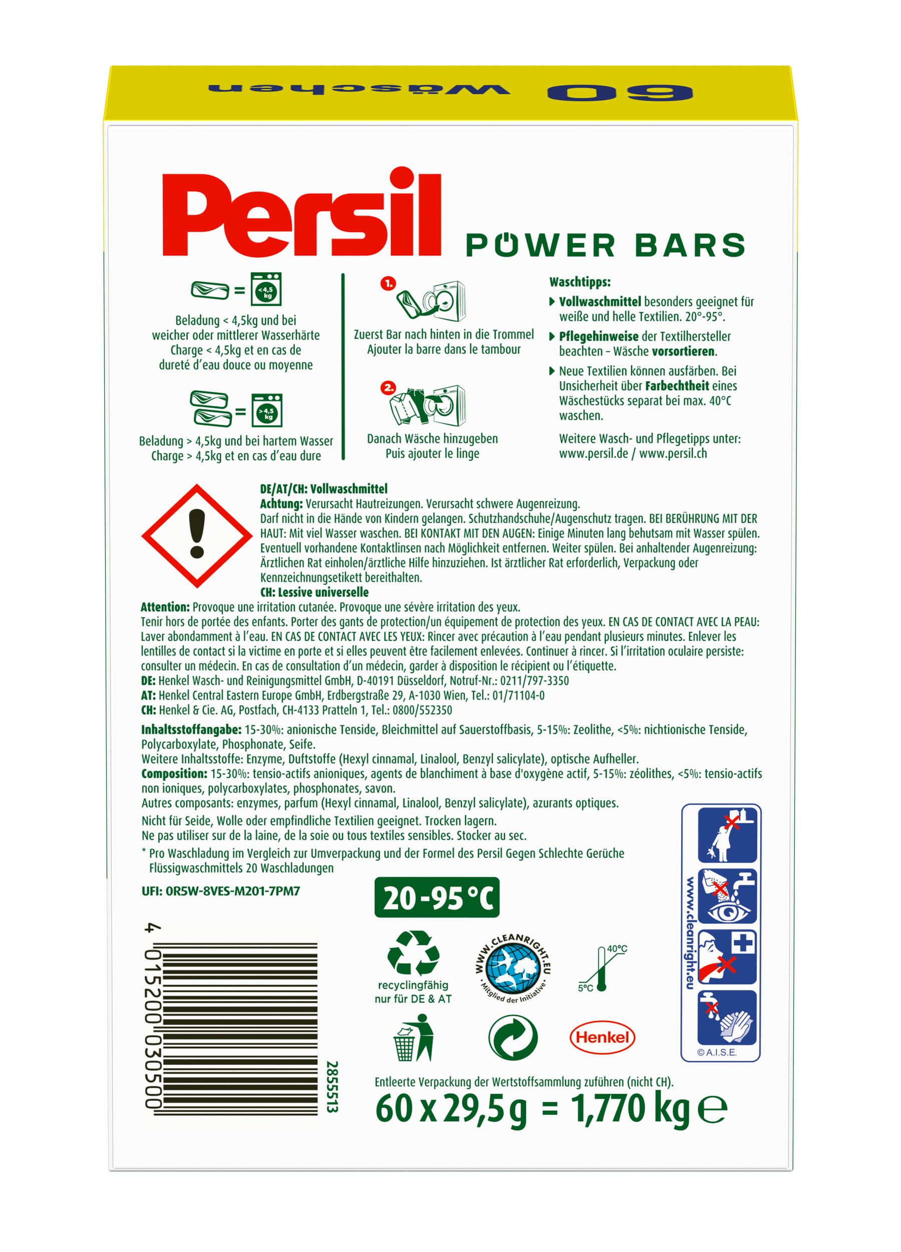 Persil Power Bars Universal Waschmittel (60 Waschladungen), vordosiertes Vollwaschmittel in nachhaltiger Verpackung, für hygienisch reine Wäsche bereits ab 20° C