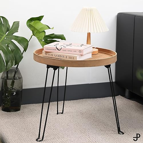 Miniatura 6 de Colección PJ Mesa auxiliar redonda de madera y ratán, mesa plegable con trípode de metal, bandeja redonda de ratán, estilo bohemio, mesa auxiliar