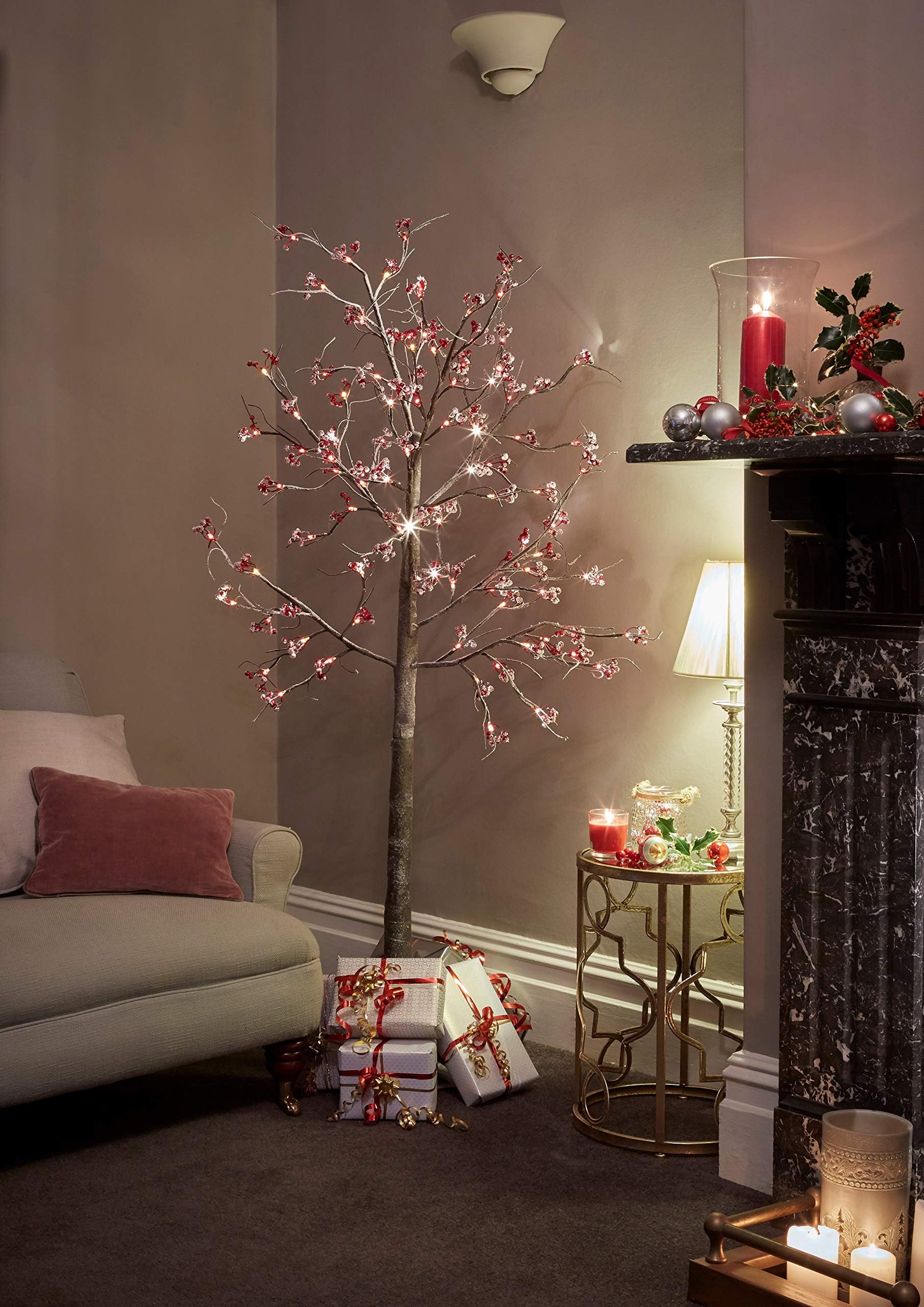 JayMark Snowy Effect Brown Christmas Pre Lit Twig Tree 6ft with Berries for Indoor and Outdoor Use
