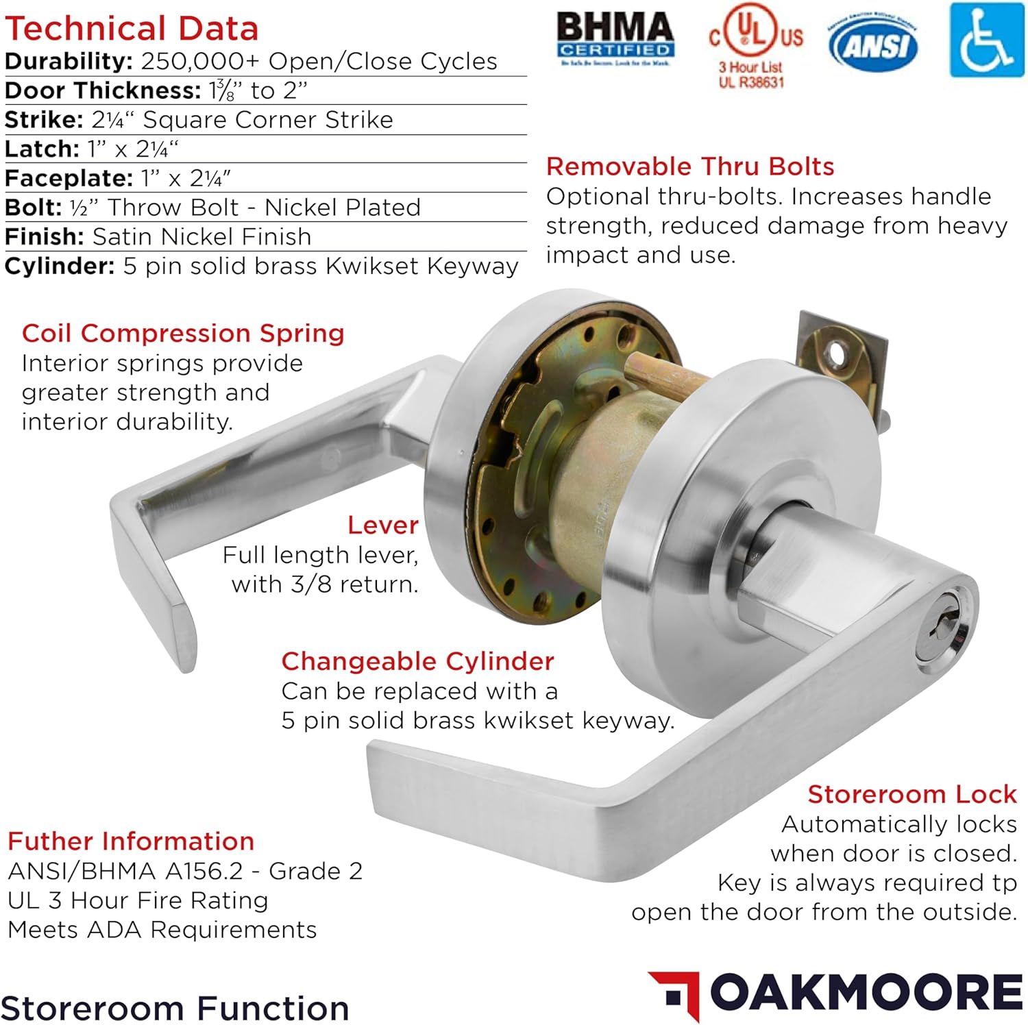 Heavy Duty Commercial Door Handle | Storeroom Lock Function | Grade 2 Commercial Door Locks, Keyed for Schools & Businesses | Storeroom Door Knob | Nickel Finish Lockset | C UL & ADA | ANSI A156.2