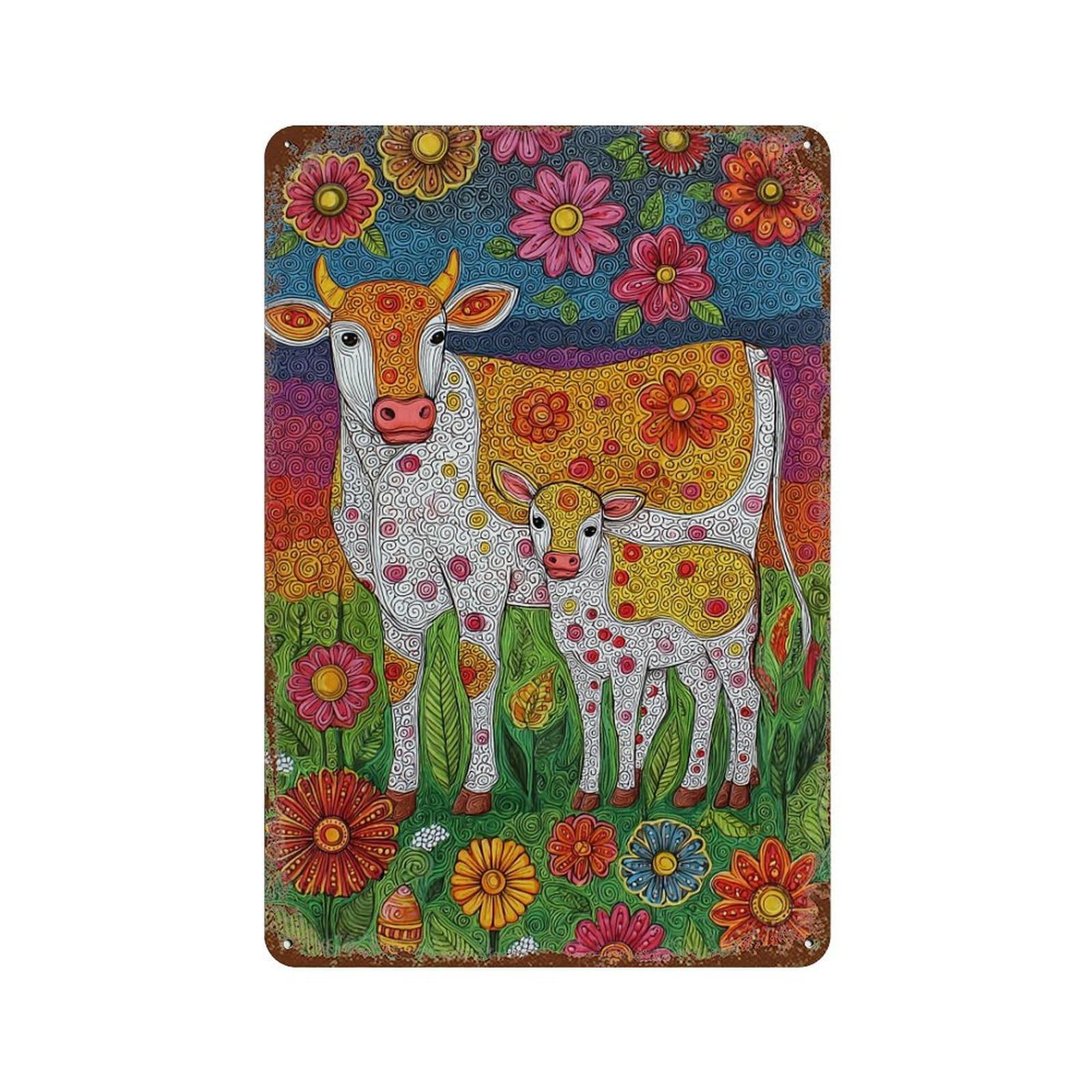 Vintage Rust Metal Sign with Colorful Cow Family Art Print Design 11.8"x7.9", for Office, Studio And Wall Decor, Farmhouse Wall Decor