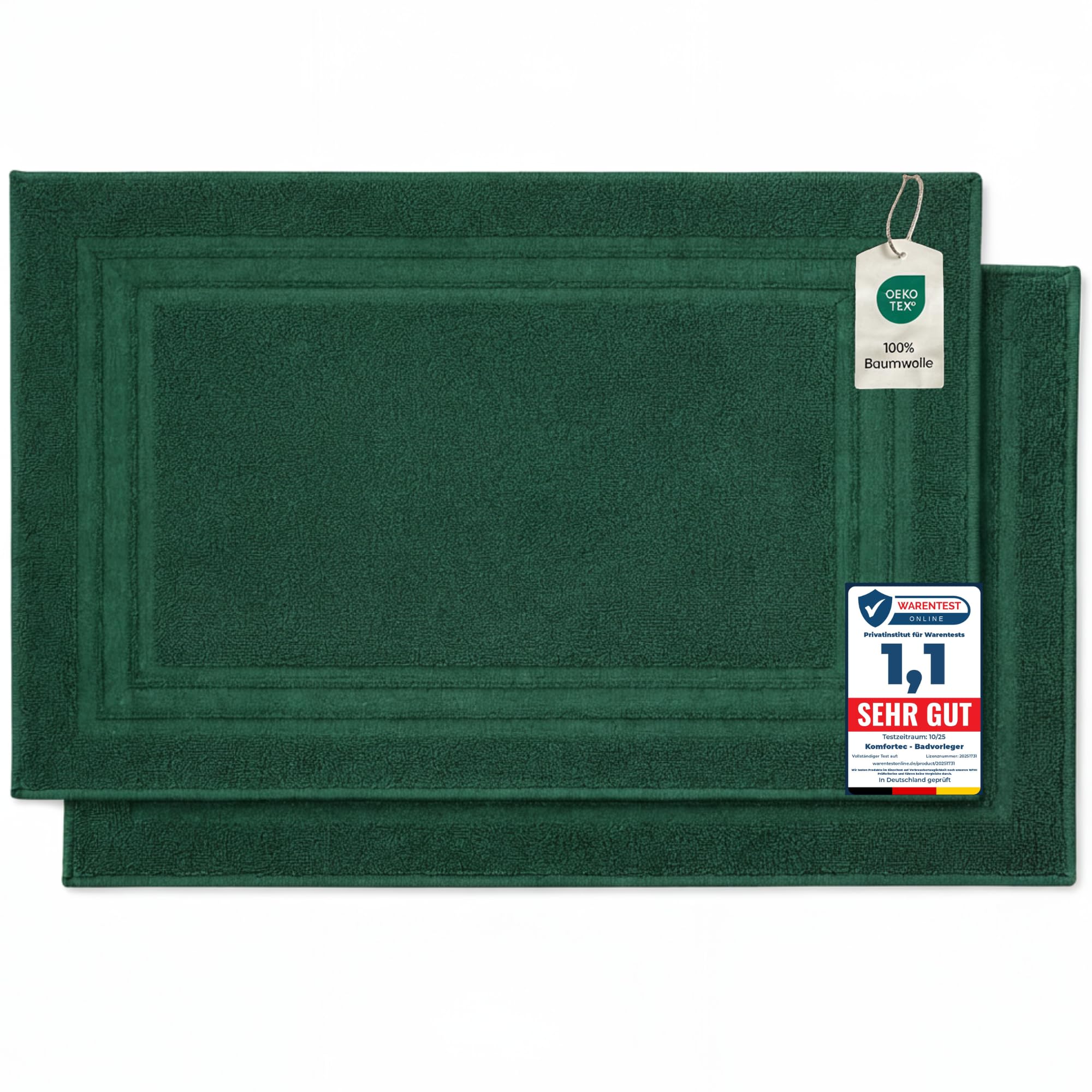 Komfortec Bath Mat Set, 2 Pieces, Terry Cloth Shower Mat, Washable Shower Mat & Bath Mat, 600 g/m² & 100% Cotton, Absorbent & Quick Drying, 50 x 70 cm, Dungle Green — image 1