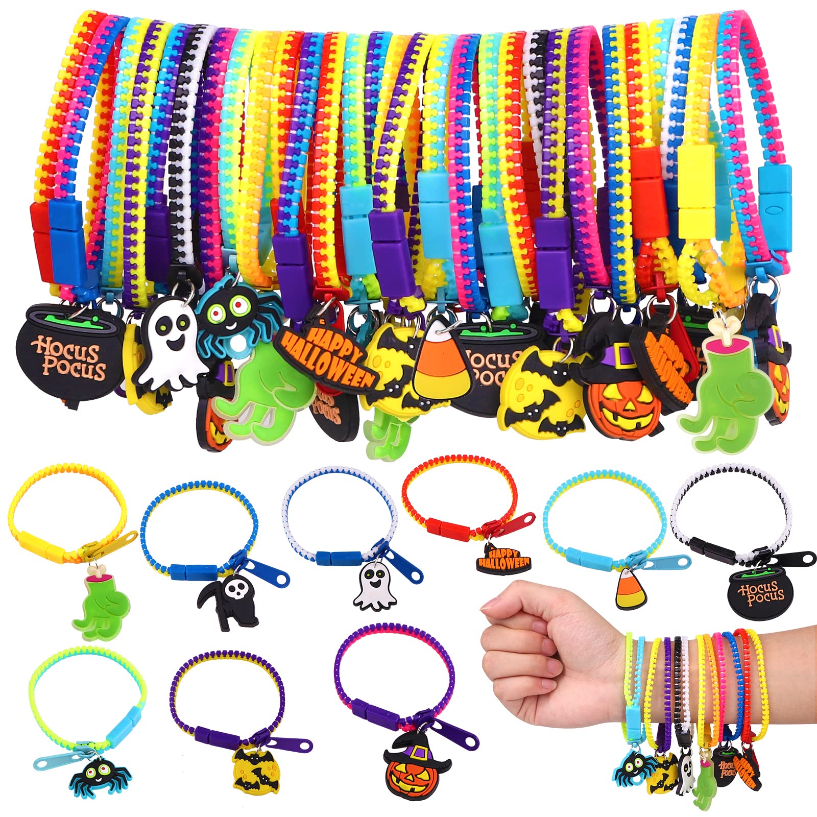 YUJUN 28PCS Halloween Zipper Bracelets for Kids,Halloween party favor Fidget Zipper Wristbands Bulk Trick or Treat Gifts Prizes Giveaways Candy Goodie
