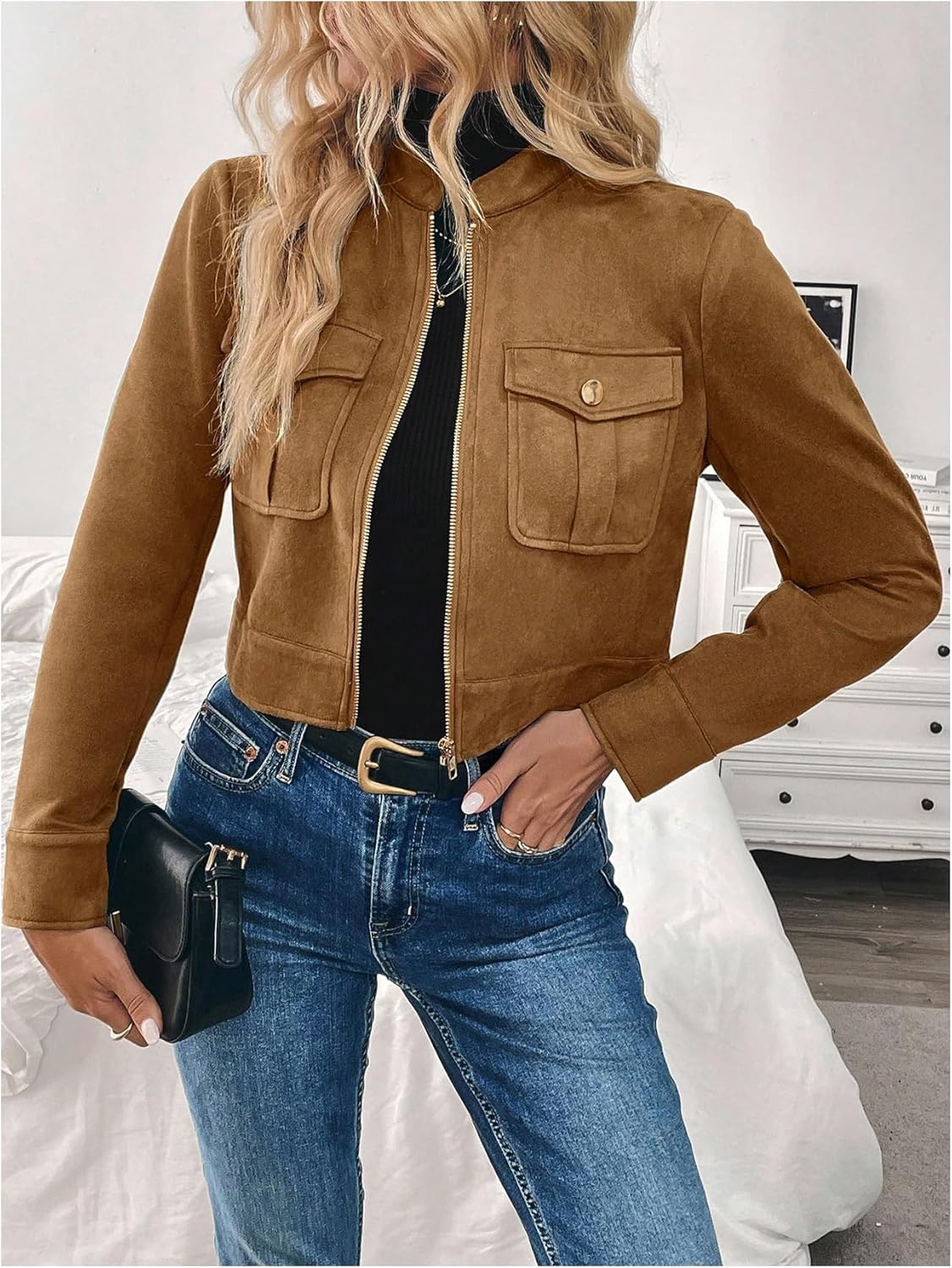 GORGLITTER Women's Going Out Jackets Zip Up Cropped Jacket Faux Suede Long Sleeve Crop Cargo Jacket Outerwear Trendy 2025