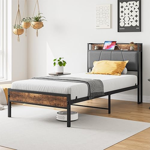 Miniatura 19 de Anwick Cama Queen de metal, base de cama industrial tamaño Queen con cabecera y 2 puertos USB, base de colchón resistente con almacenamiento debajo