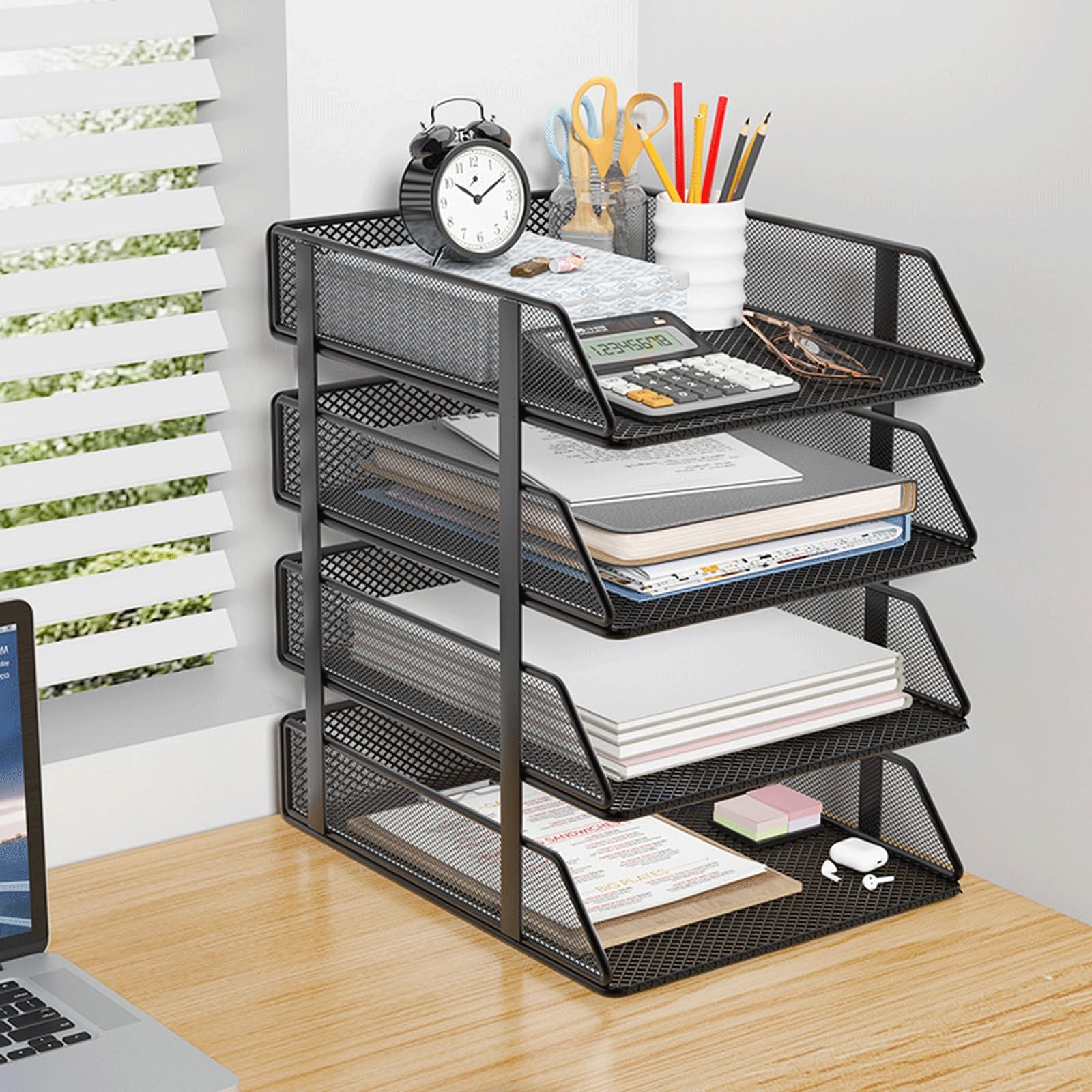 Organizer da scrivania a 4 livelli Organizzatore da scrivania file in carta a rete Vassoio carta A4 in metallo per forniture per ufficio scolastico(Black)