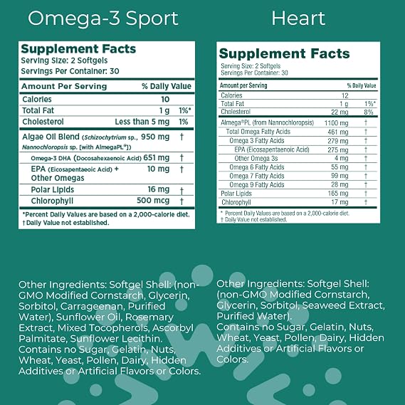 iwi Omega-3 Sport & Heart Omega-3 Bundle, 30 Servings, Vegan Plant-Based Algae Omega 3, Krill & Fish Oil Alternative, No Fishy Aftertaste