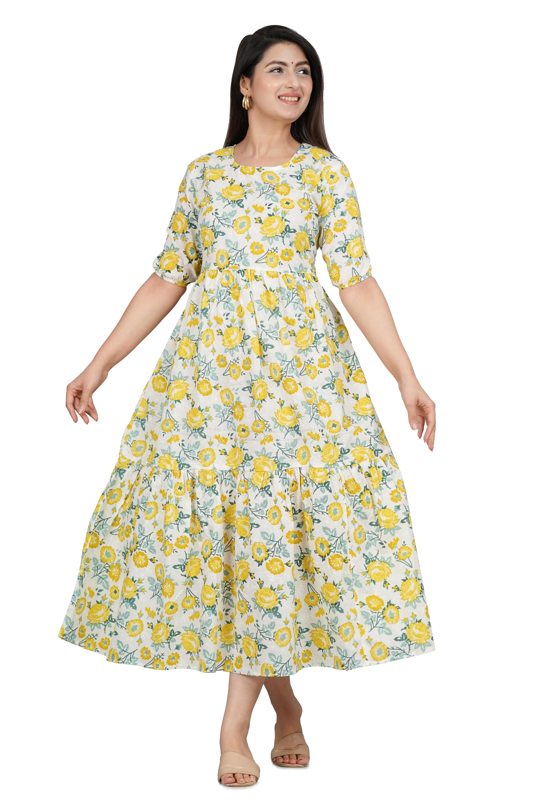 Women's Yellow Floral Printed Anarkali Kurti | Stylish Cotton Maxi Kurta for Casual & Ethnic Wear-image-42