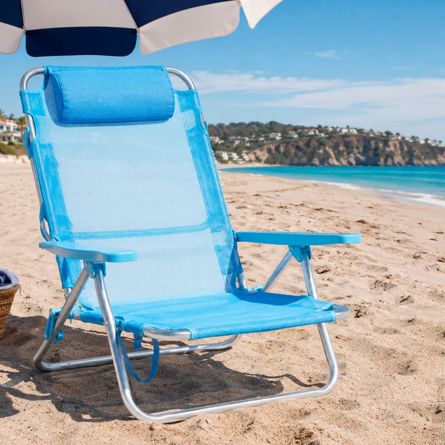 Arreditaly Spiaggina Relax Pieghevole Da Mare Con Telaio In Alluminio Seduta In Textilene Traspirante Poggiatesta Integrato E Braccioli Ergonomici Per Campeggio Outdoor 53 x 62 x 77 Cm Azzurro