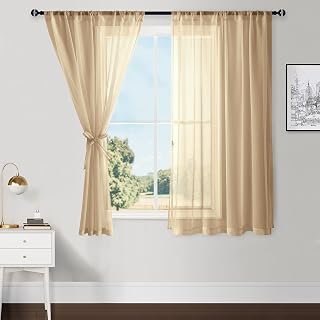 Hiasan Sheer Curtains 54 inch Length with Tiebacks W52 x L54 Tuape 2 Panel | Rod Pocket Light Filtering Semi Transparent Voile Drapes Window Curtains for Living Room, Bedroom