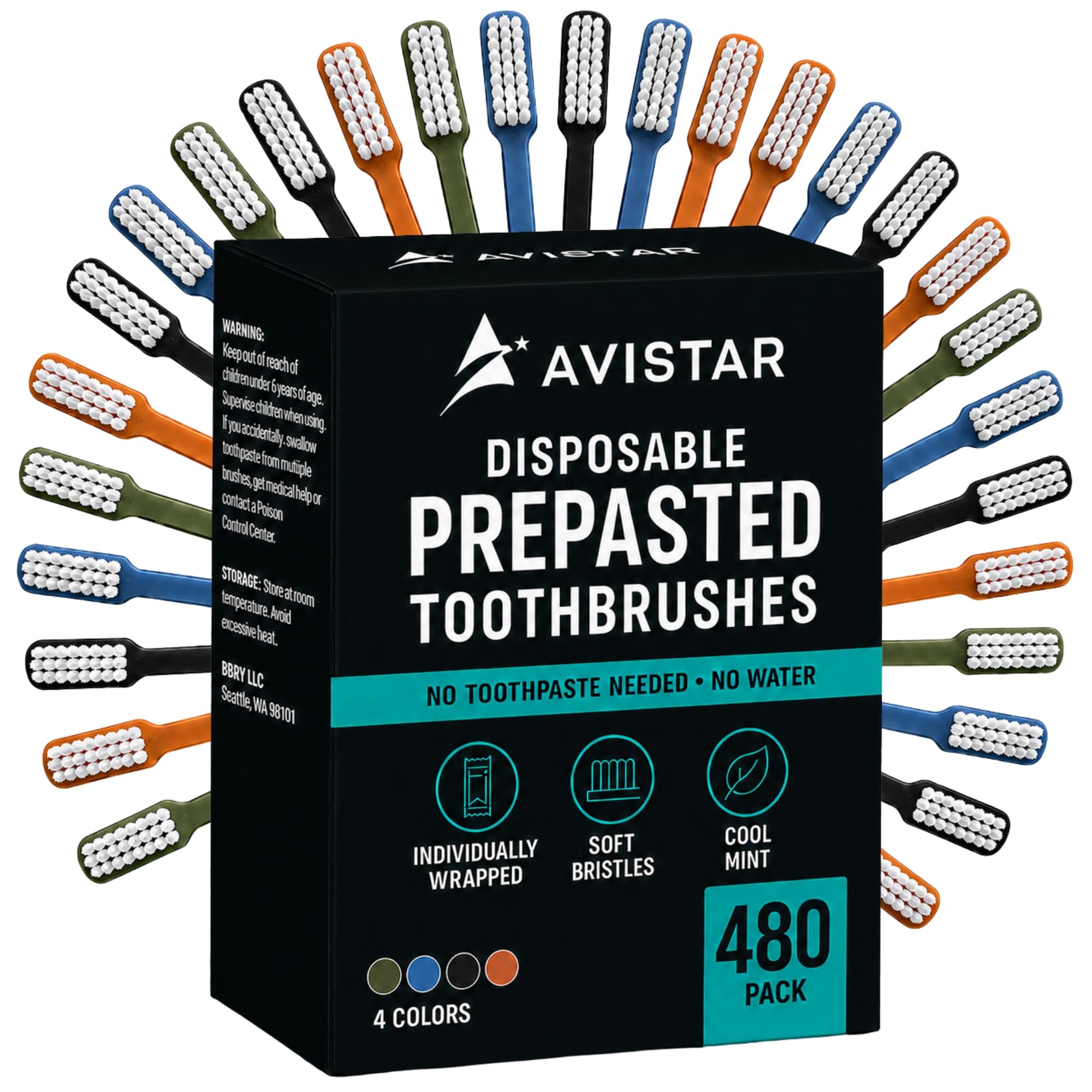 Avistar 480 Prepasted Disposable Toothbrushes Individually Wrapped - Single Use Pre Pasted Disposable Toothbrushes with Toothpaste Built in - Waterless Toothbrush for Travel, Guests, Hotel, &amp; Camping