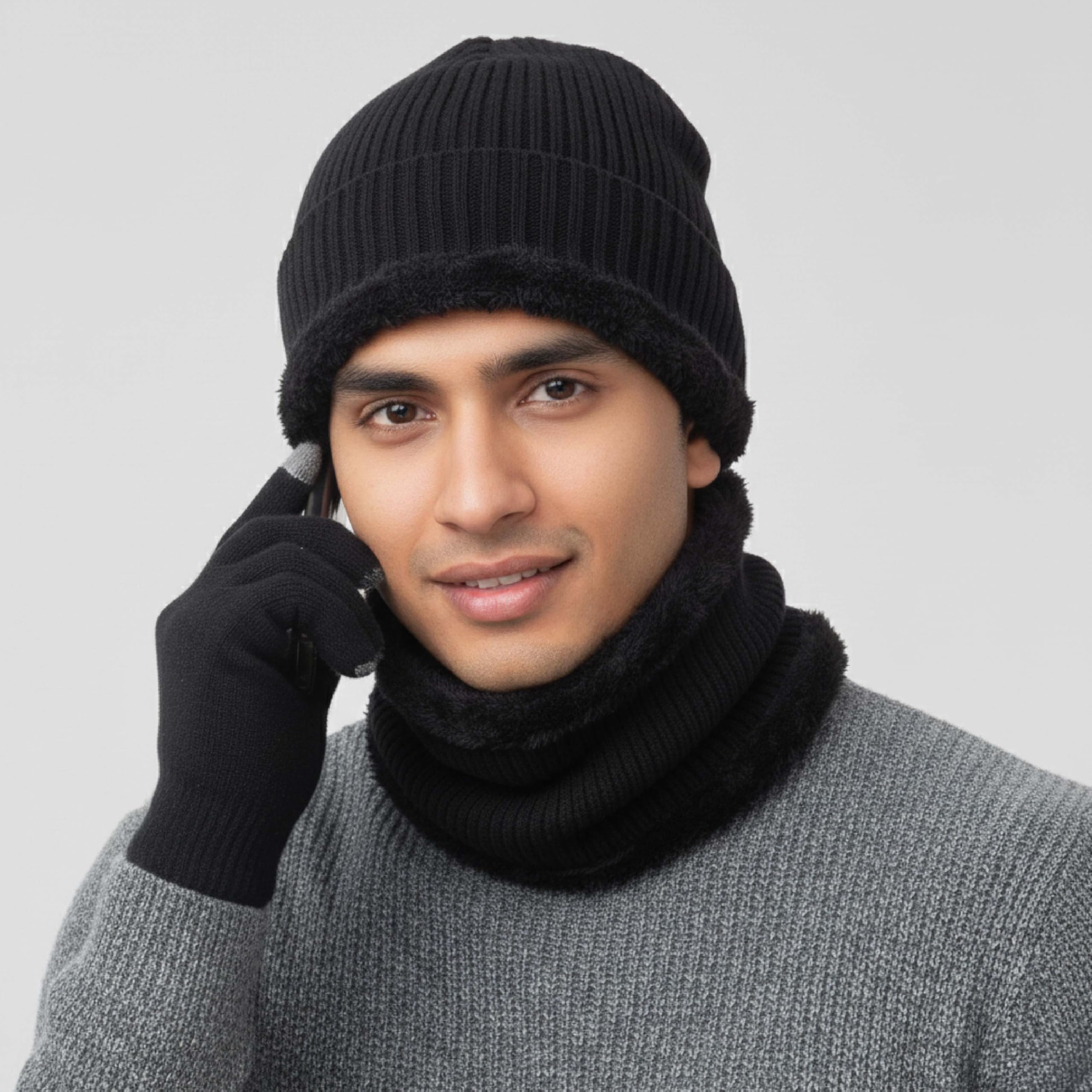 Lifelong Winter Combo of Cap, Neck Warmer & Gloves | Woolen Set for Men & Women | Soft Thermal Beanie, Warm Neck Scarf & Knitted Touchscreen Gloves | Unisex Winter Accessories | Black-picture-40
