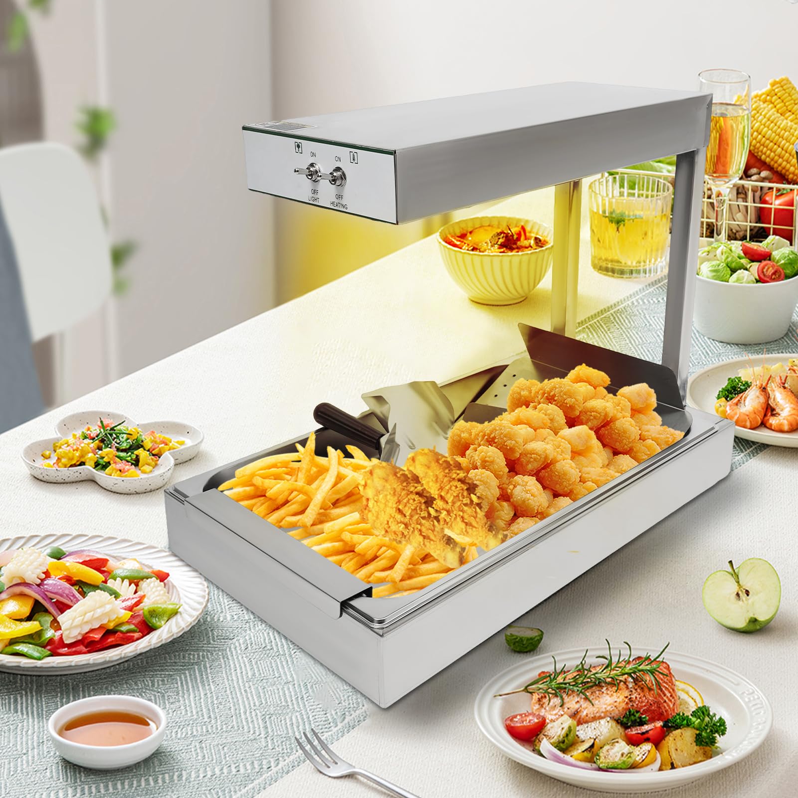 Riscaldatore per patatine fritte, 750 W, con ponte termico, per patatine fritte, la temperatura di riscaldamento è superiore a 80 °C, design rimovibile, 56 x 33 x 46,5 cm, argento