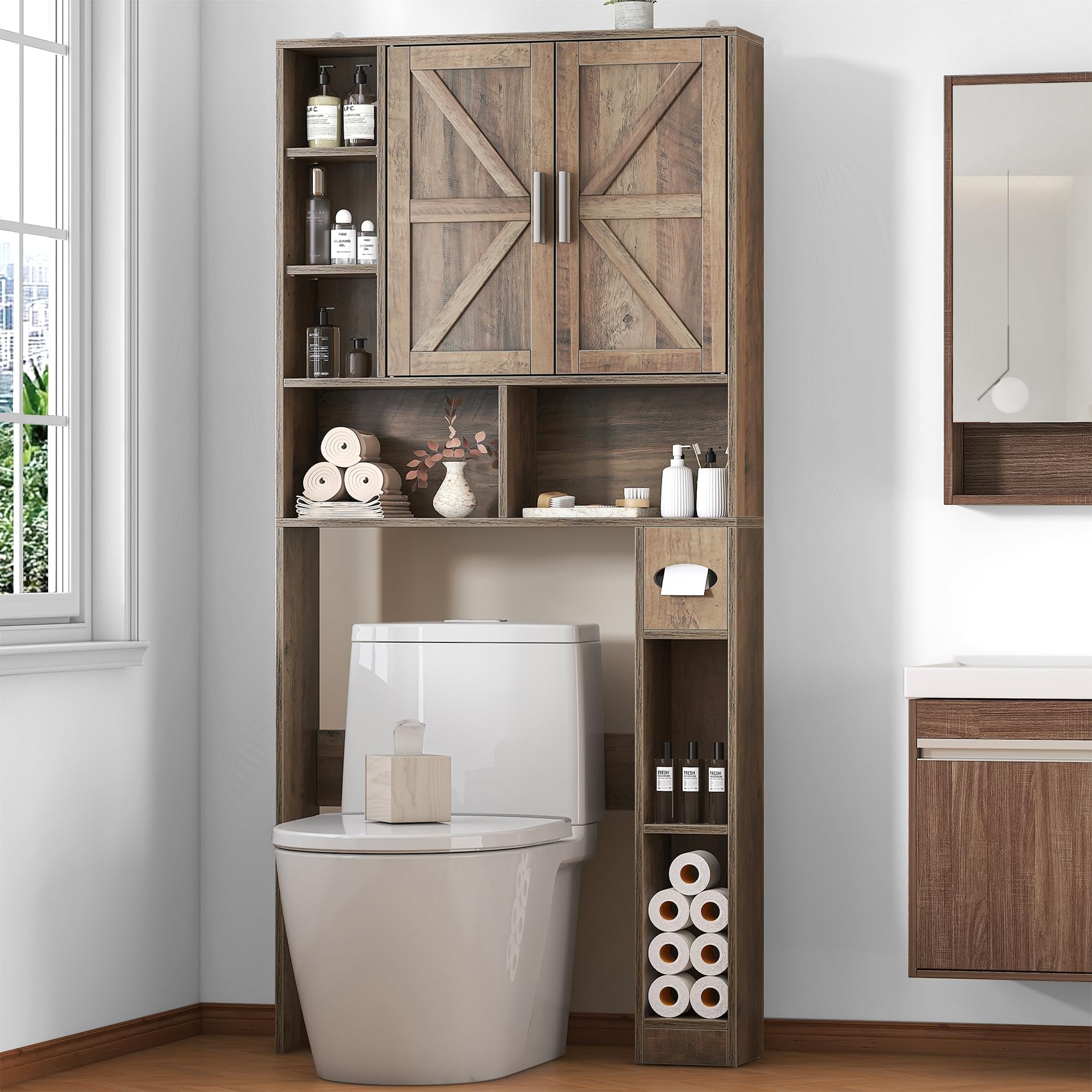 Bigbiglife Over The Toilet Storage Cabinet with 2 Barn Doors & Toilet Paper Holder, Freestanding Adjustable Bathroom Organizer, Space-Saving for