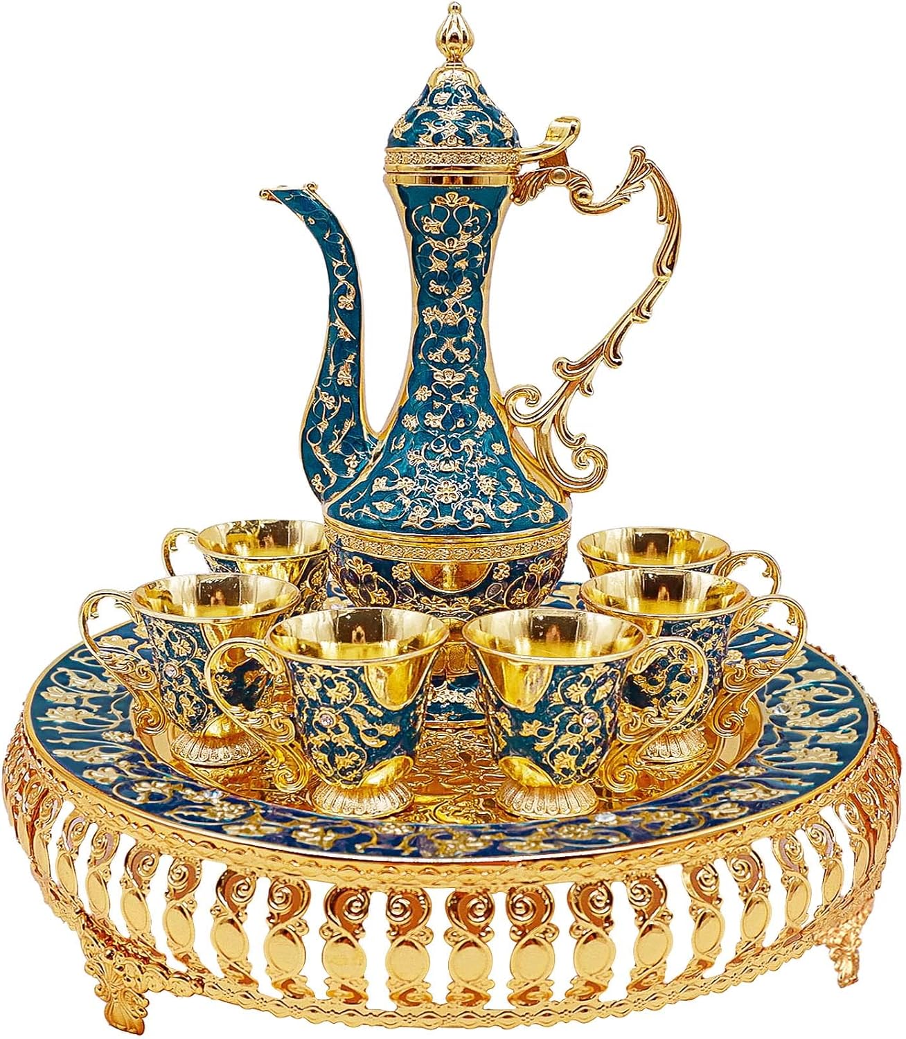 Turkish Coffee Cup and Tea Pot Set Including Teapot,Tea Tray,6 Metal Cups,Tea Service Set for Tea Table Decor,Hip Flask (Blue and Gold)
