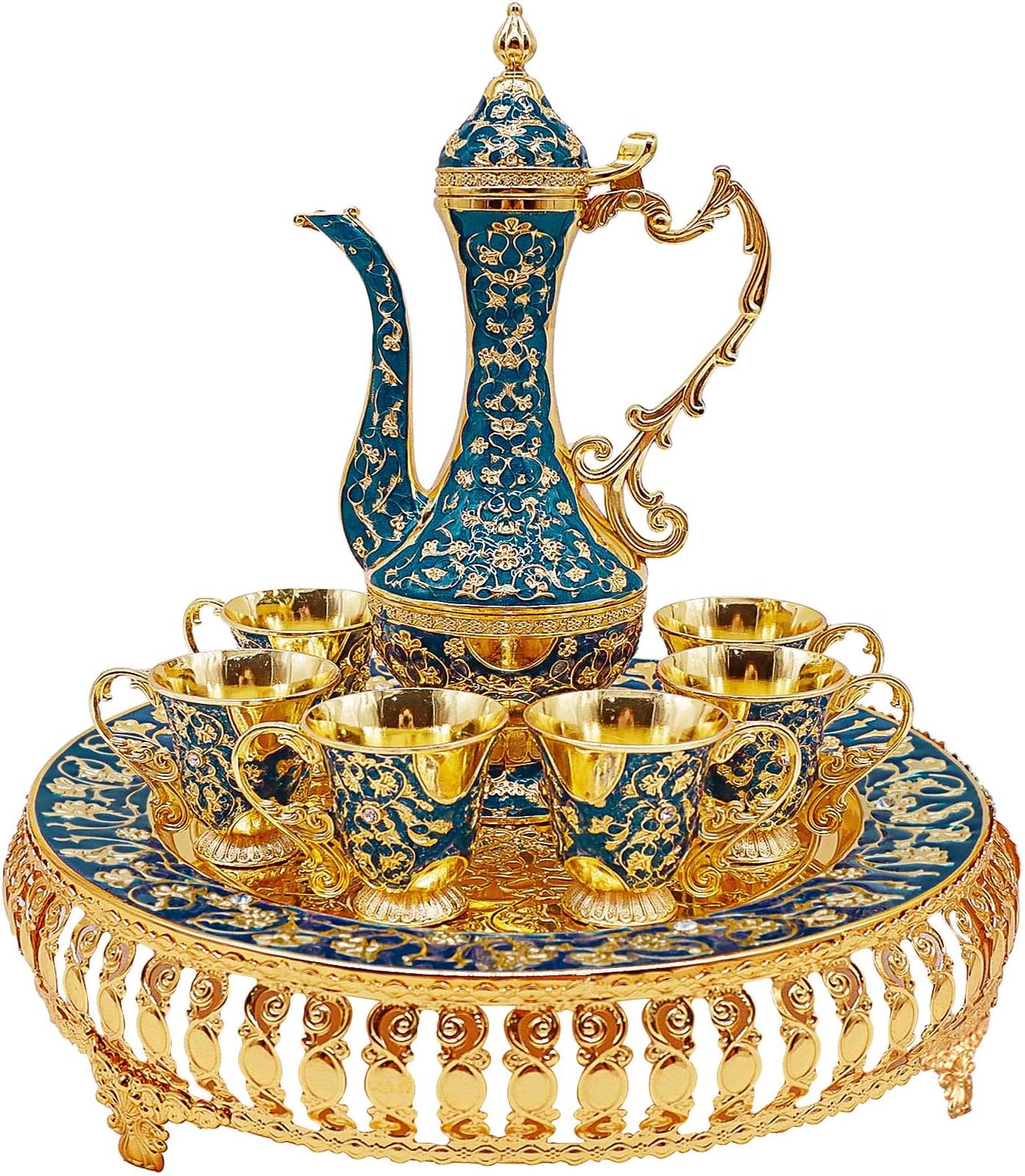 Turkish Coffee Cup and Tea Pot Set Including Teapot,Tea Tray,6 Metal Cups,Tea Service Set for Tea Table Decor,Hip Flask (Blue and Gold)