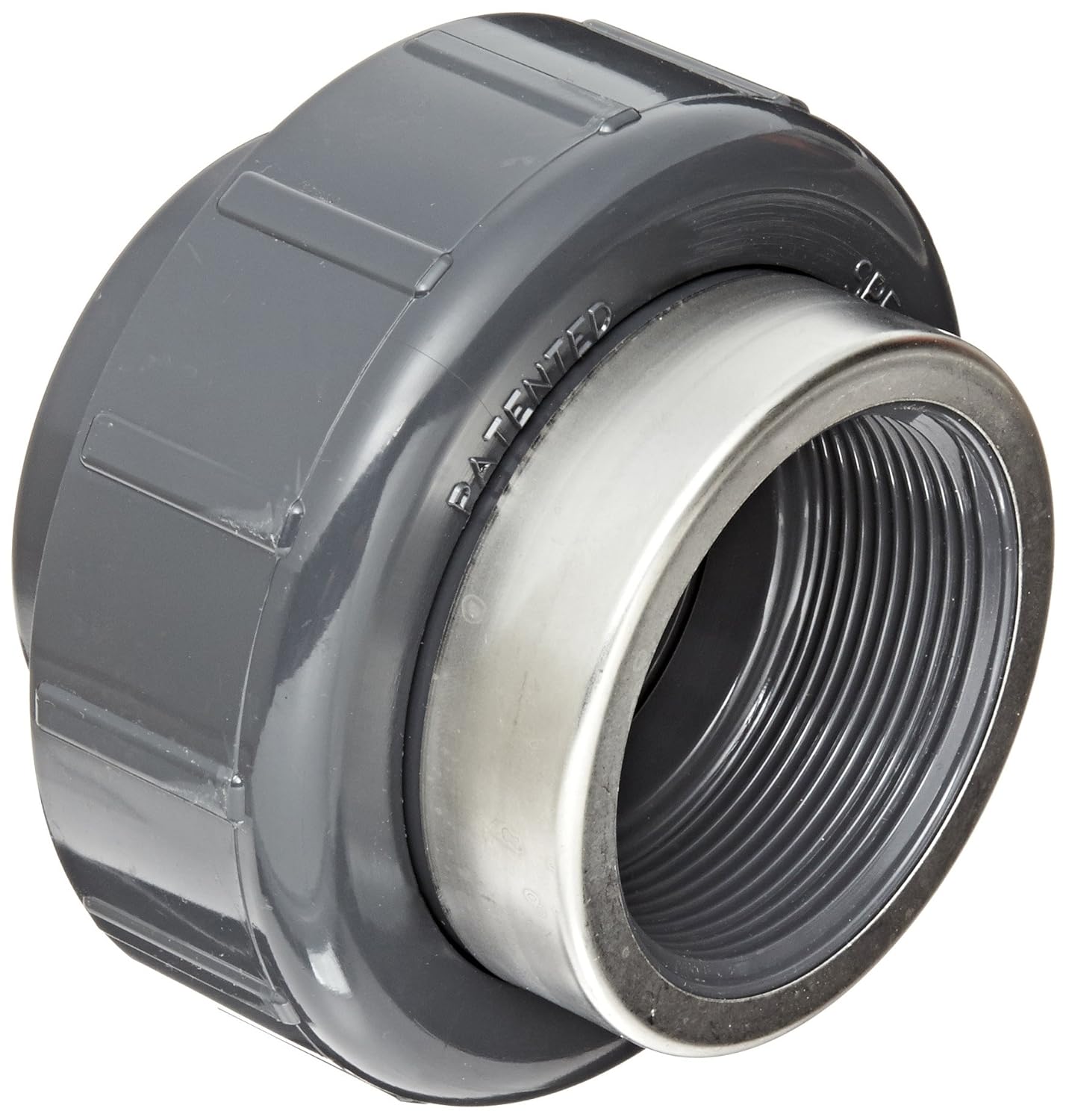 Spears Manufacturing 8059-020SR Series 8059-SR PVC Pipe Fitting, Union with Viton O-Ring, Schedule 80, Gray, 2" Socket x Stainless Steel Reinforced NPT Female