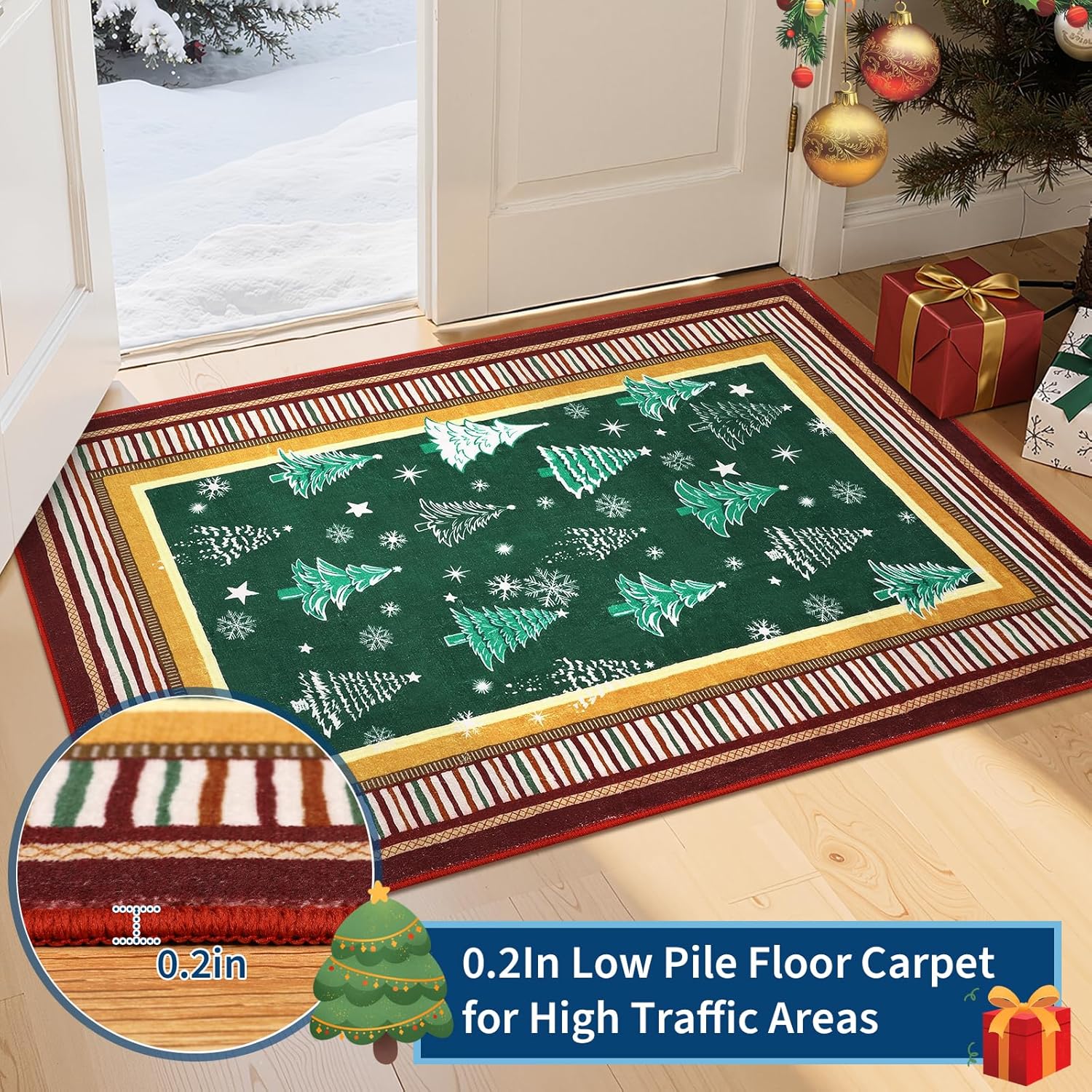 GarveeHome Christmas Rug for Bedroom, 5x7 Area Rugs for Living Room with Soft Low Pile, Christmas Tree and Snowflake Print Washable Rug for Dining Room, Stain Resistant Office Playroom Green Carpet