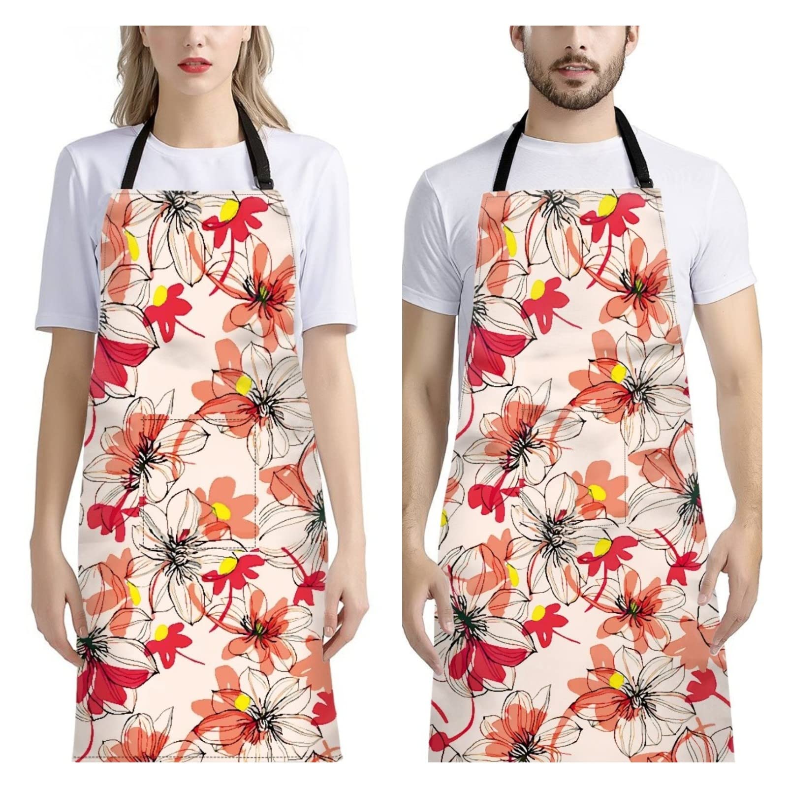 Dajingkj Aprons for Women with Pockets 2 Pack Hawaiian Flowers Adjustable Waterproof Long Kitchen Bib Apron for Cooking Baking Birthday Mother's Day
