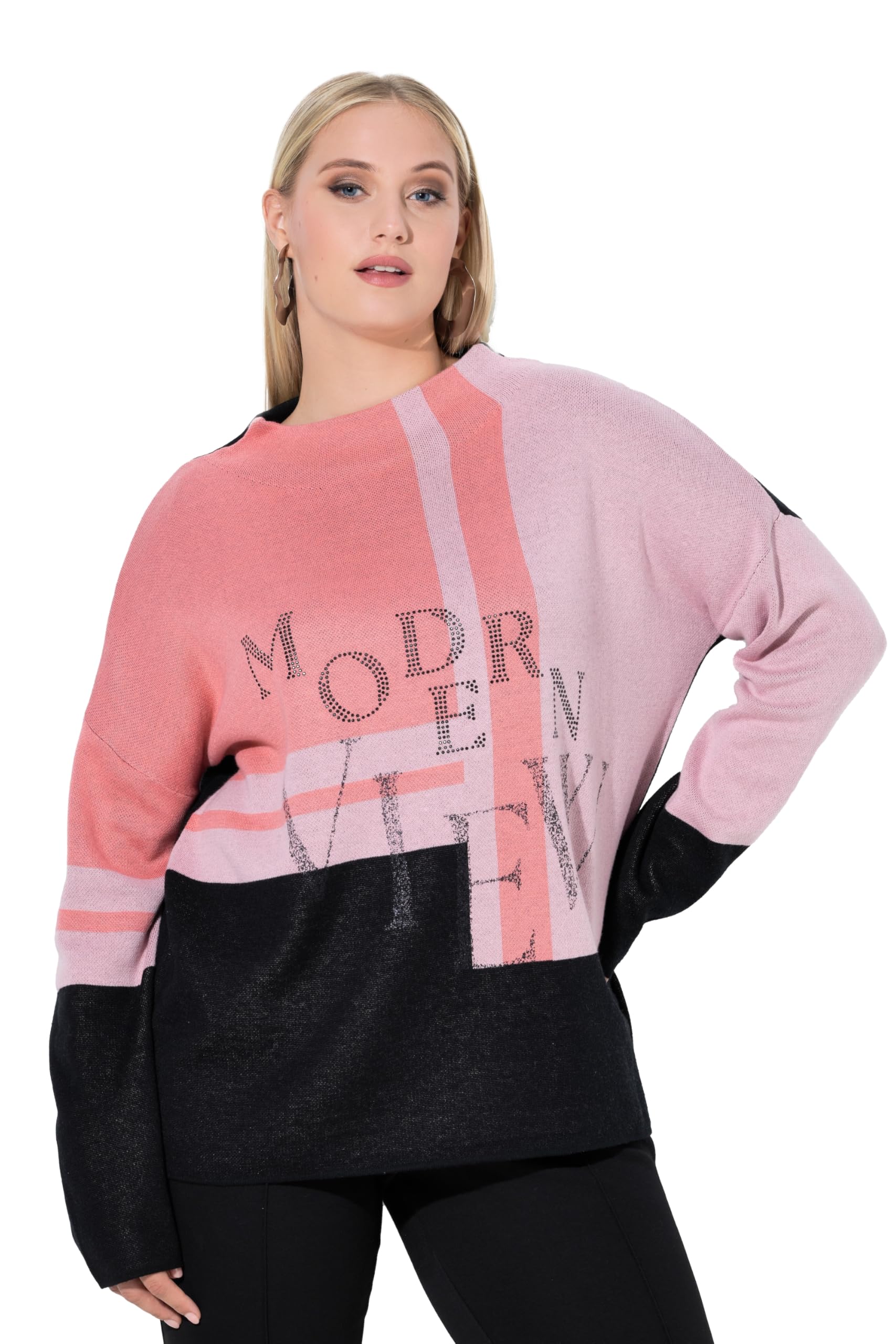 Ulla Popken Damen große Größen Übergrößen Plus Size Pullover, Glitzer-Schriftzug, Stehkragen, Langarm 845835