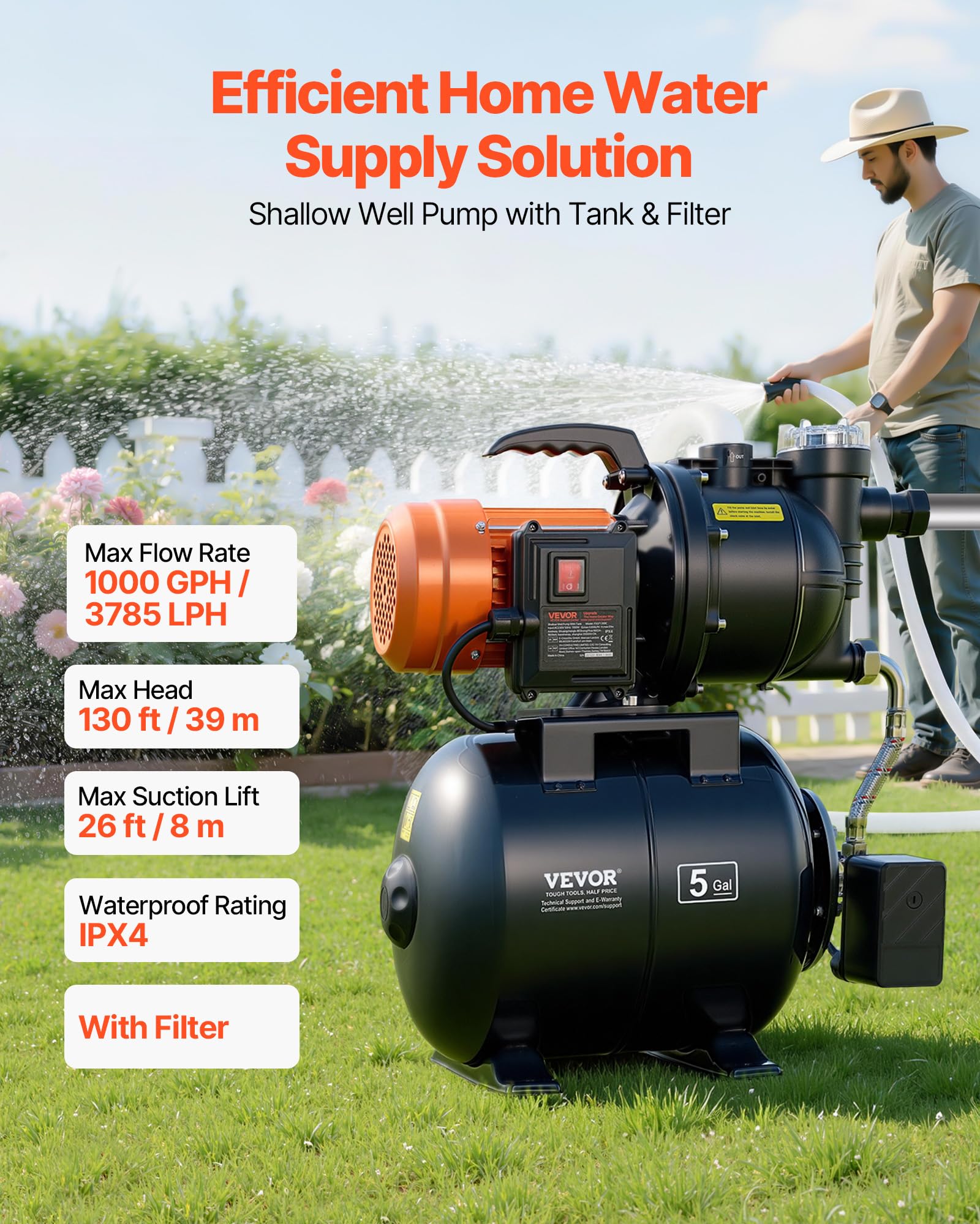 VEVOR Bomba para Pozos Poco Profundos 1 HP, Bomba de Agua de Trasvase 3785 LPH, con Tanque de Presión 19 L, Filtro, Válvula de Retención, Sistema Automático de Presurización, para Jardín, Césped