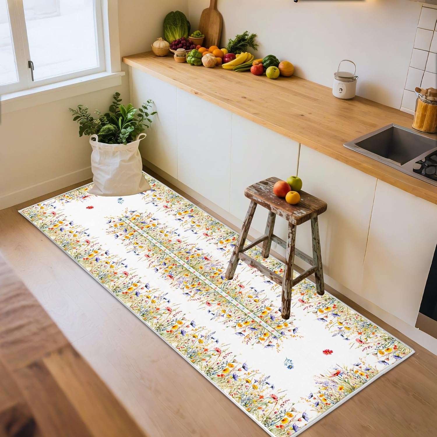Washable Runner Rug 2x6, Floral Kitchen Mat - Faux Wool Non Slip Low Pile Spring Colorful Area Rugs for Floor Hallway Laundry Bedroom Holiday Decor