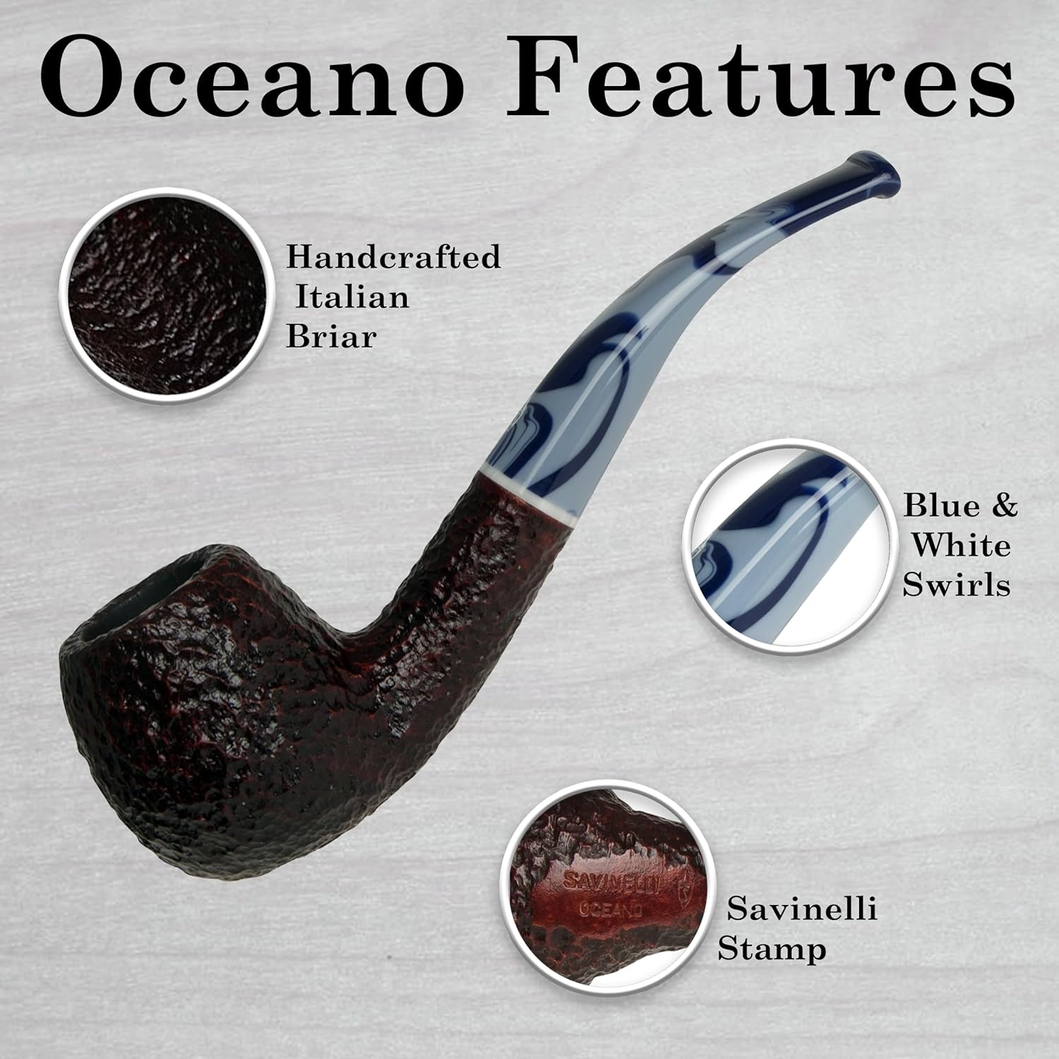 Savinelli Pipes Oceano - Italian Briar Wood Pipe, Blue and White Ocean Swirls, Polished Finish, 6mm (Rustic 626)