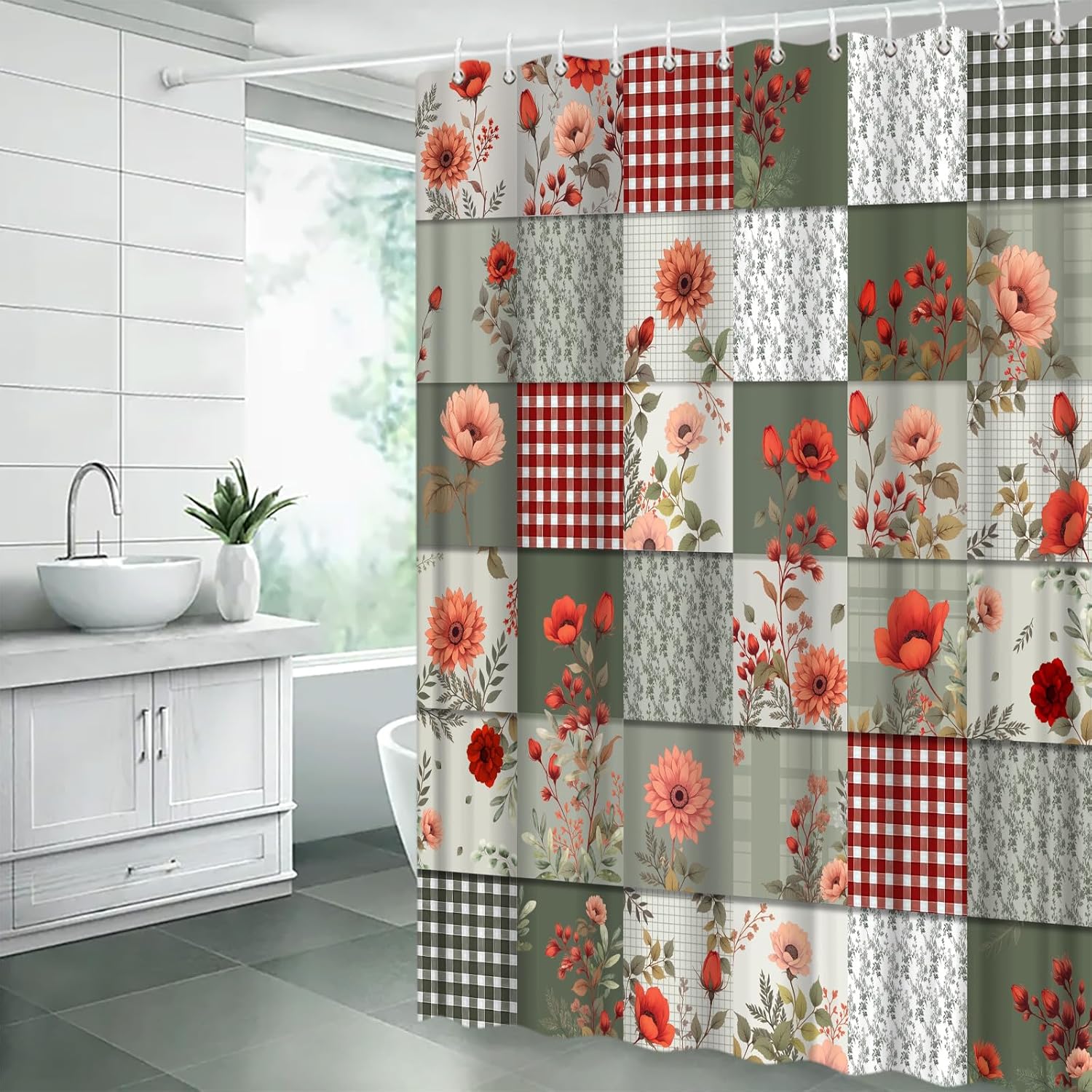 Boho Patchwork Shower Curtain,Floral Plaid Checkered Farmhouse Vintage Rustic Flower Sage Green Red Polyester Bathroom Curtain with 12 Hooks,Bathtub Home Decor,70x78 Inch
