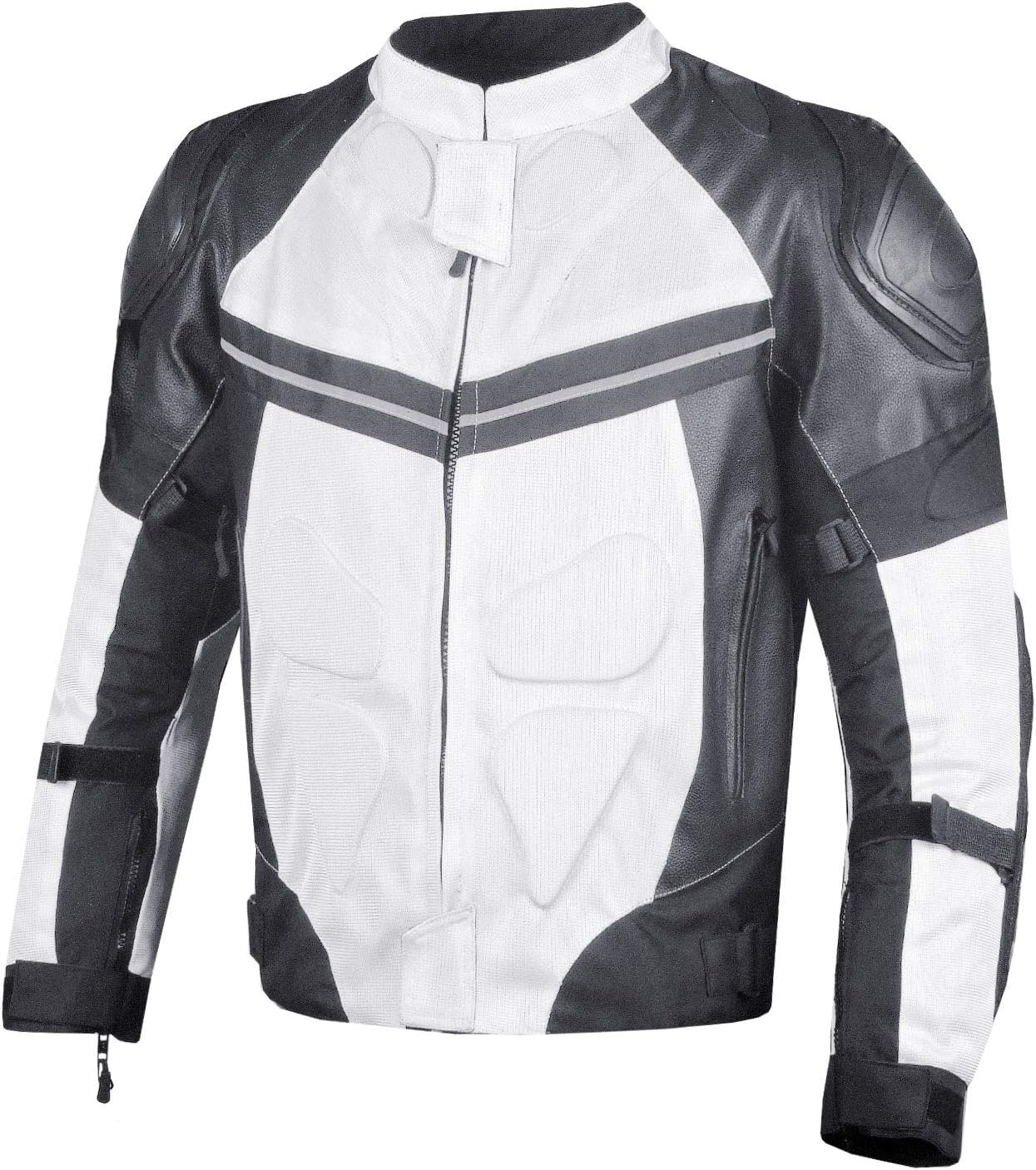 PRO LEATHER & MESH MOTORCYCLE WATERPROOF JACKET WHITE WITH EXTERNAL ARMOR M