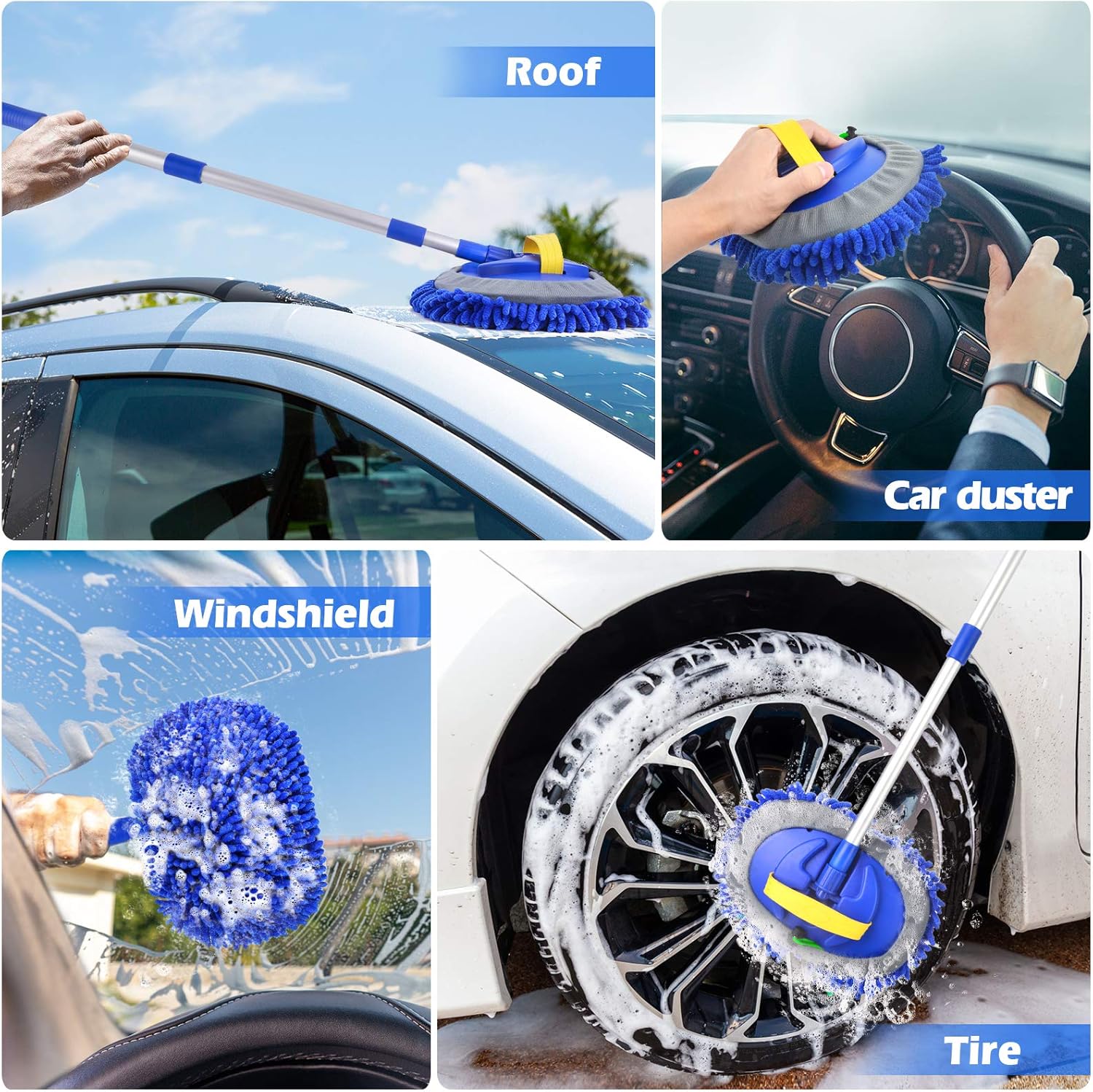 Conliwell 2 in 1 Car Wash Brush Mop Mitt Kit, Car Cleaning Kit Brush Duster, 45" Aluminum Alloy Long Handle, 2Pcs Chenille Microfiber Mop Heads, Extension Pole, Scratch Free Car Cleaning Tool Supplies : Automotive