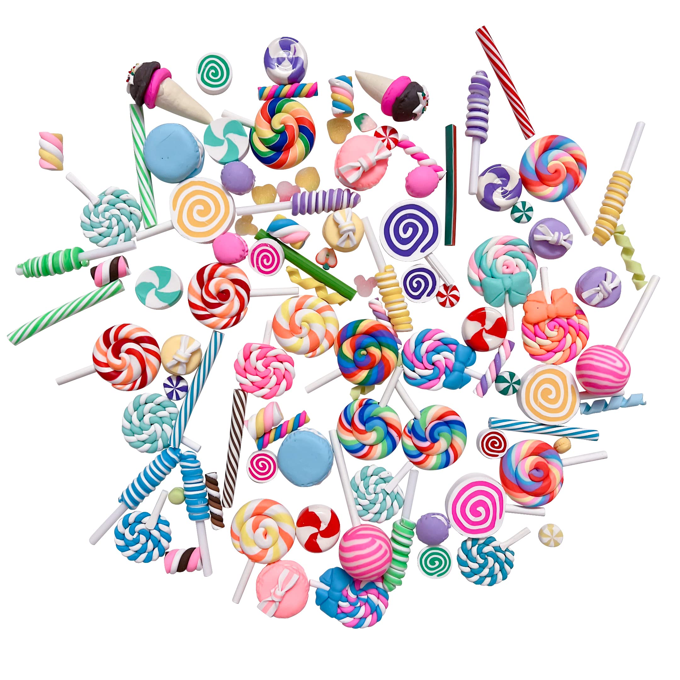 Anrher 100pcs Miniature Candy Lollipop Decor Mixed Polymer Clay Sets for Childs Pretend Kitchen Play Cooking Game DIY Party Doll House Accessory