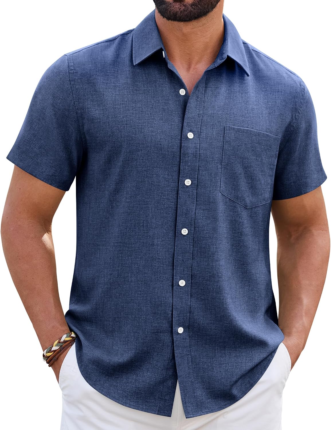 Mens Linen Shirt Short Sleeve Wrinkle Free Casual Untucked Button Down Shirts Beach Breathable Tops Summer