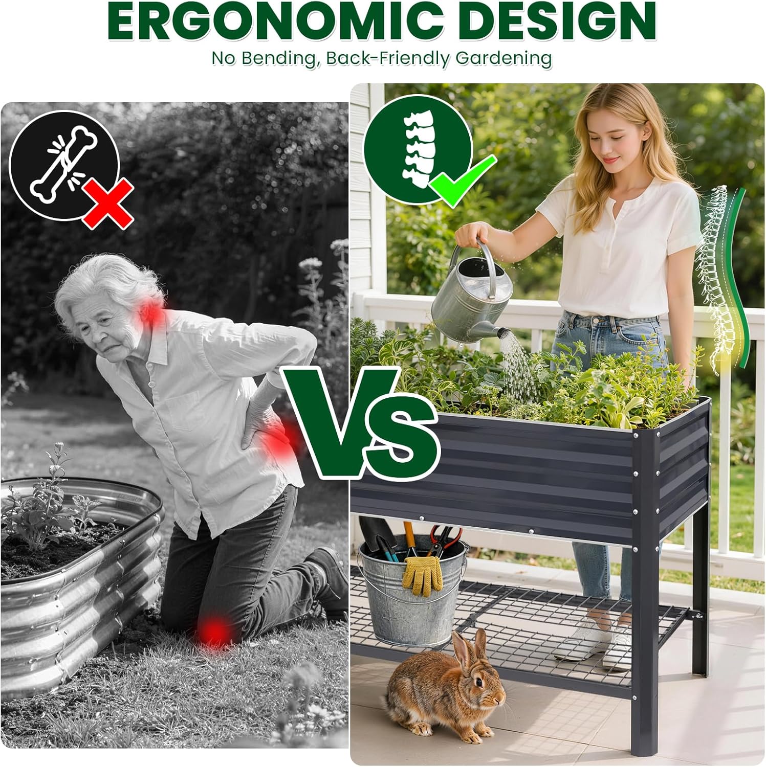 1MORE Elevated Raised Garden Bed with Legs & Storage Rack, 48×24×32in Large Metal Raised Bed for Backyard, Patio. Raised Planter Box with Drainage Holes for Plants Vegetables Flowers Fruits(Grey-1pcs)